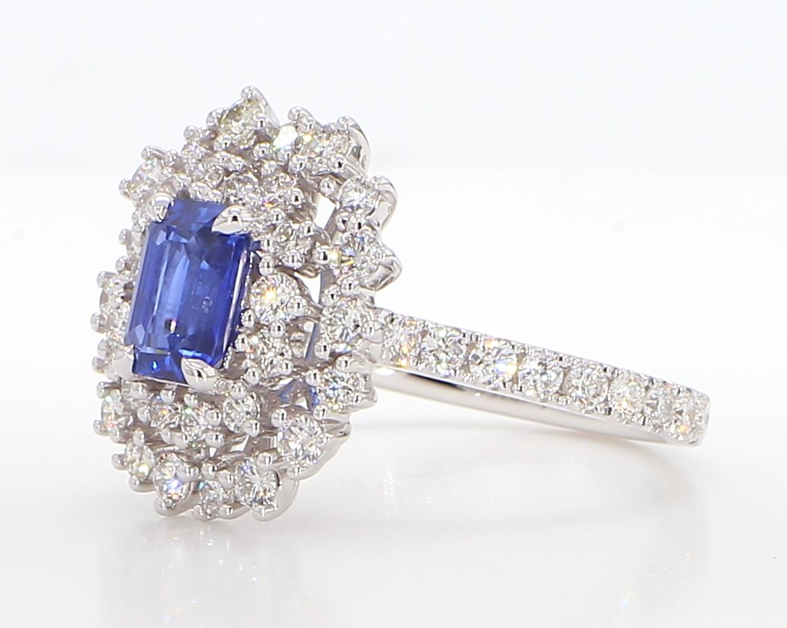 Natural Blue Radiant Sapphire and White Diamond 2.28 Carat TW Gold Cocktail Ring