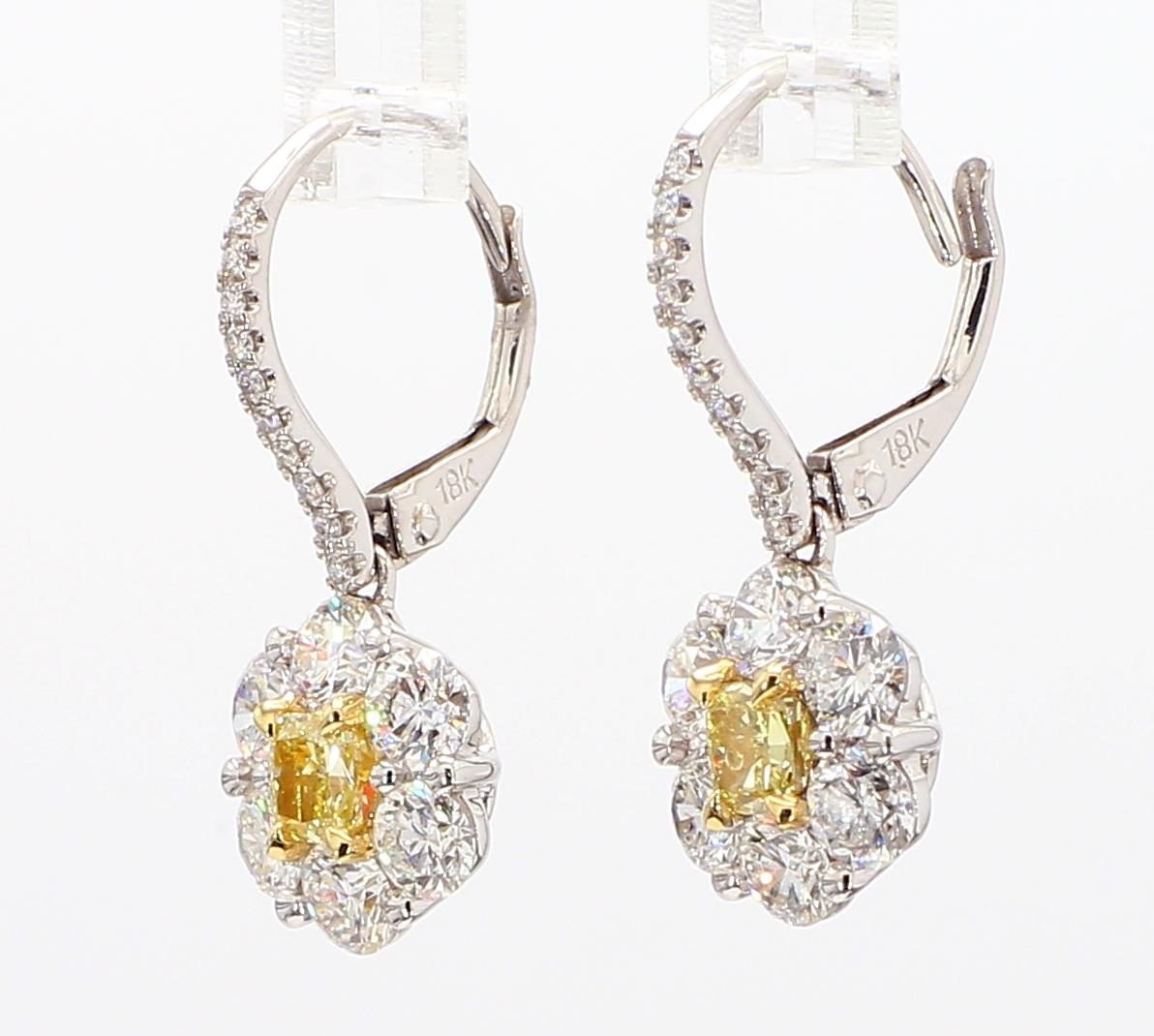 Natural Yellow Cushion Diamond 2.30 Carat TW Gold Drop Earrings