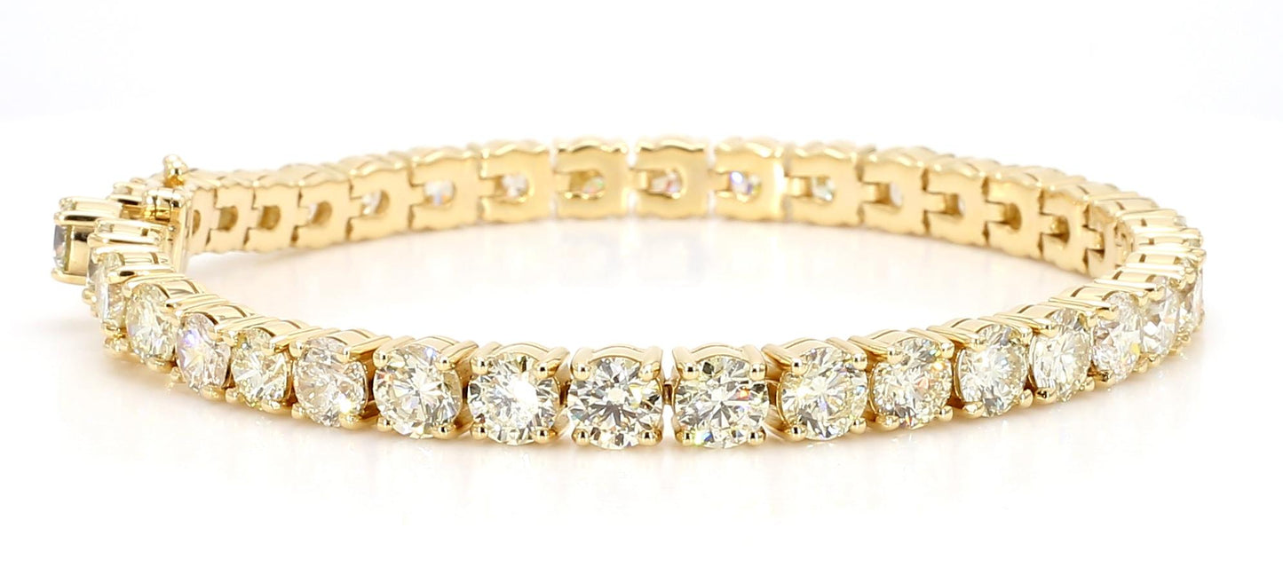 Natural White Round Diamond 14.12 Carat TW Yellow Gold Tennis Bracelet