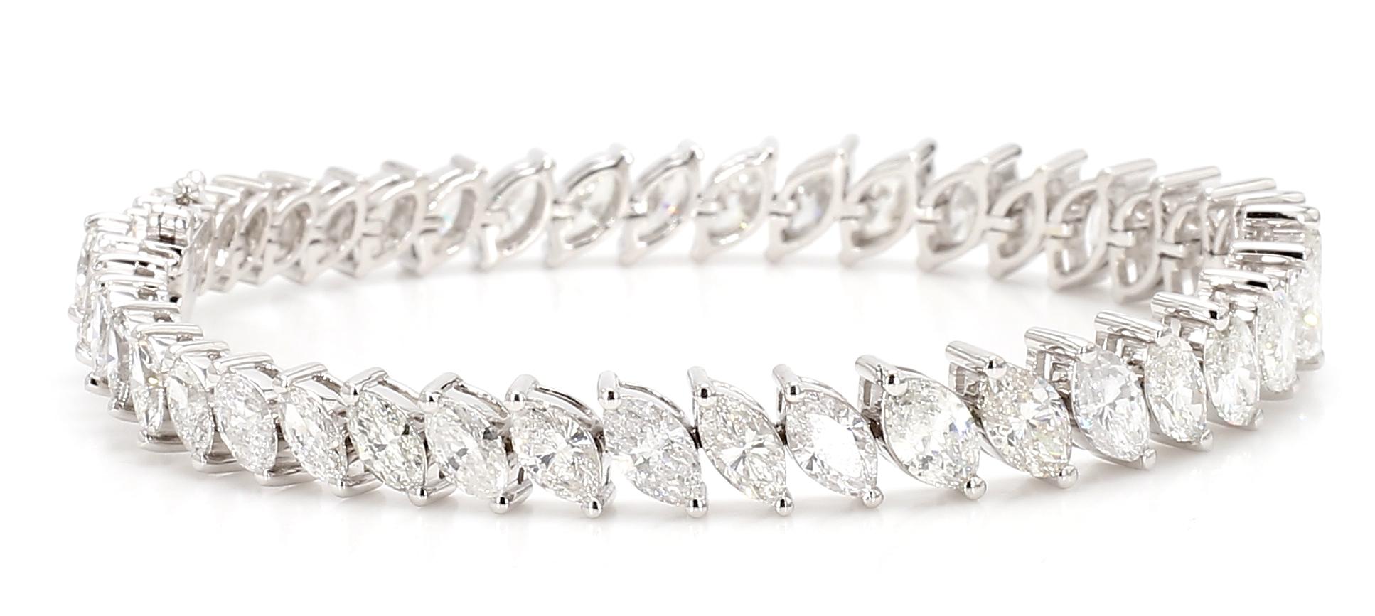 Natural White Marquise Diamond 13.55 Carat TW White Gold Tennis Bracelet
