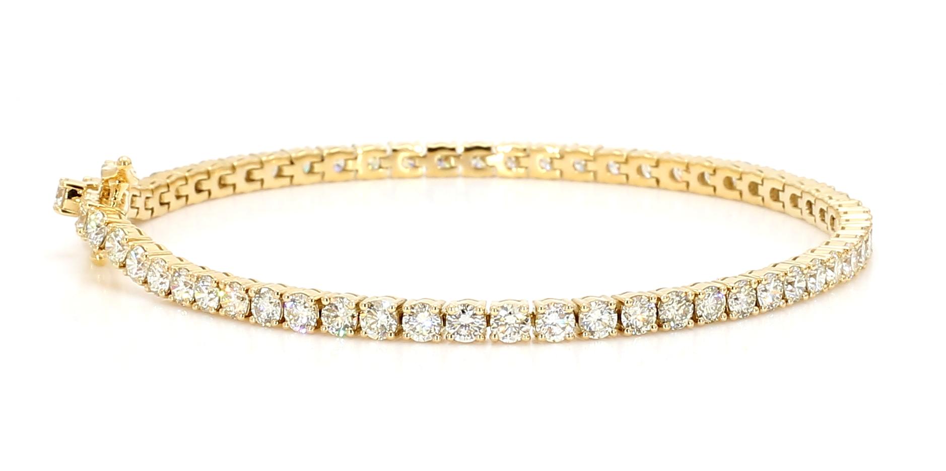 Natural White Round Diamond 4.98 Carat TW Yellow Gold Tennis Bracelet