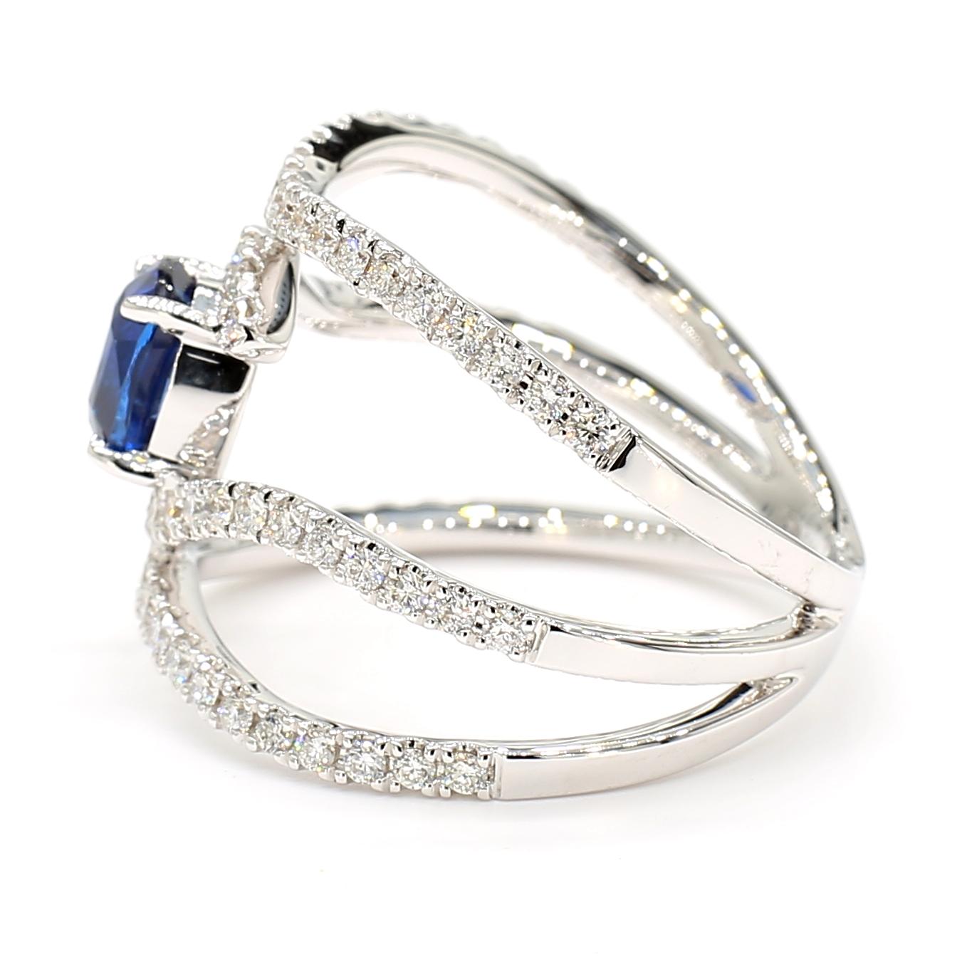 Natural Blue Cushion Sapphire and White Diamond 1.73 Carat TW Gold Cocktail Ring