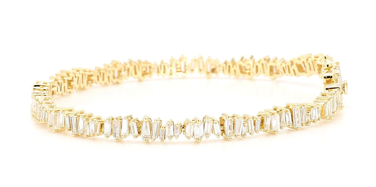 Natural White Baguette Diamond 3.03 Carat TW Yellow Gold Tennis Bracelet