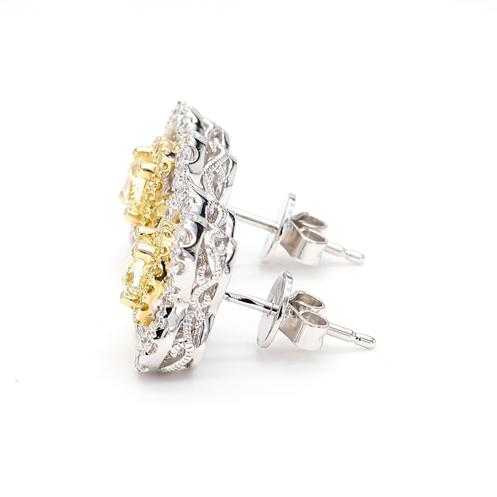 Natural Yellow Radiant Diamond 0.90 Carat TW Gold Stud Earrings