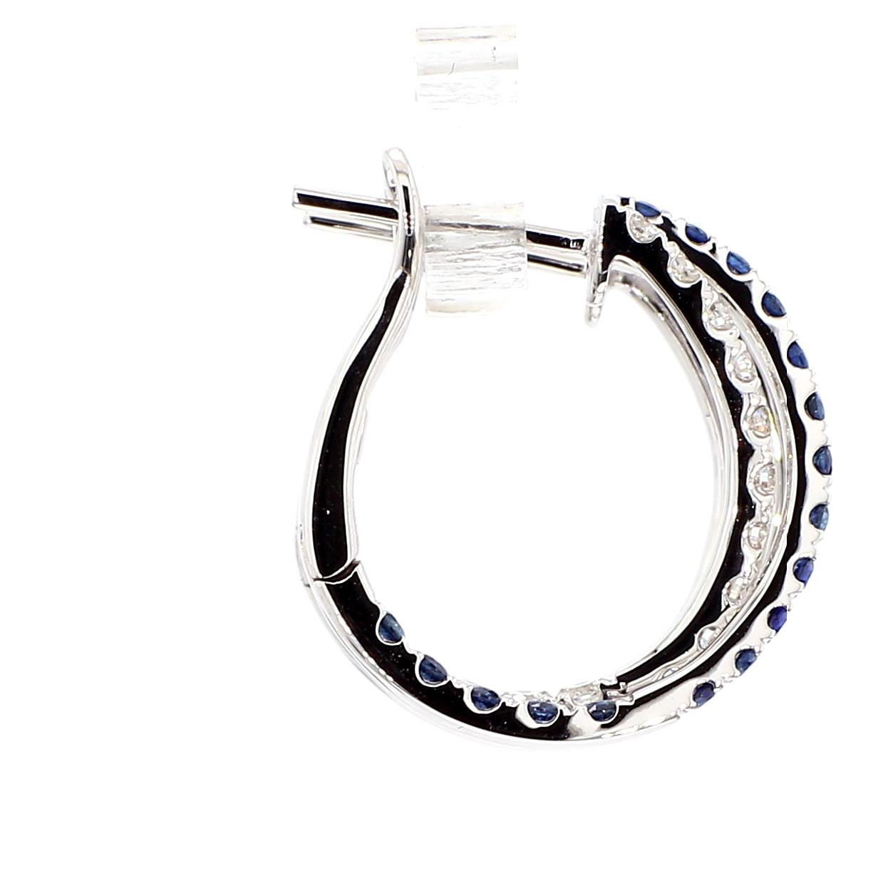 Natural Blue Round Sapphire and Diamond 1.39 Carat TW Gold Hoop Earrings