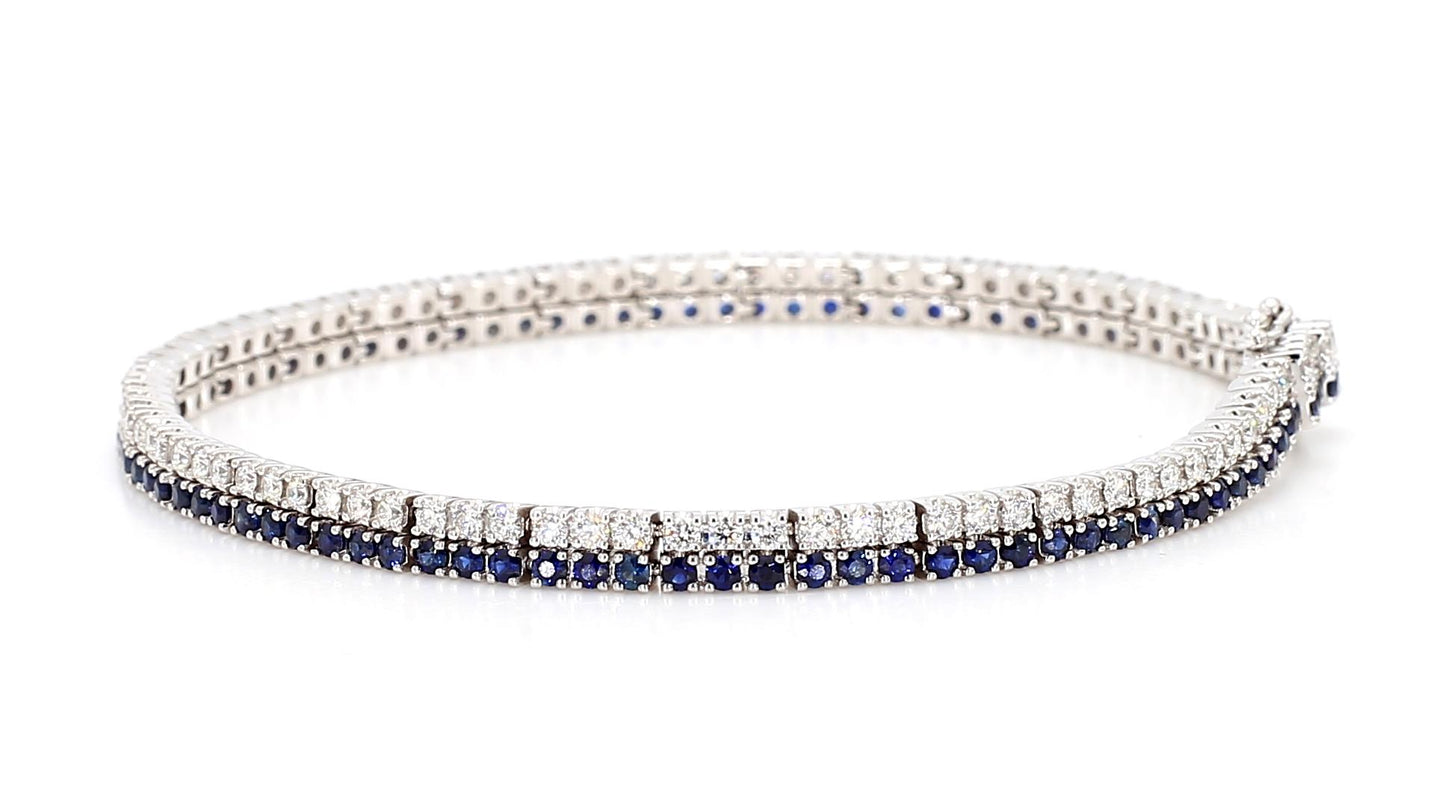 Natural Blue Round Sapphire and White Diamond 3.49 Carat TW Gold Tennis Bracelet