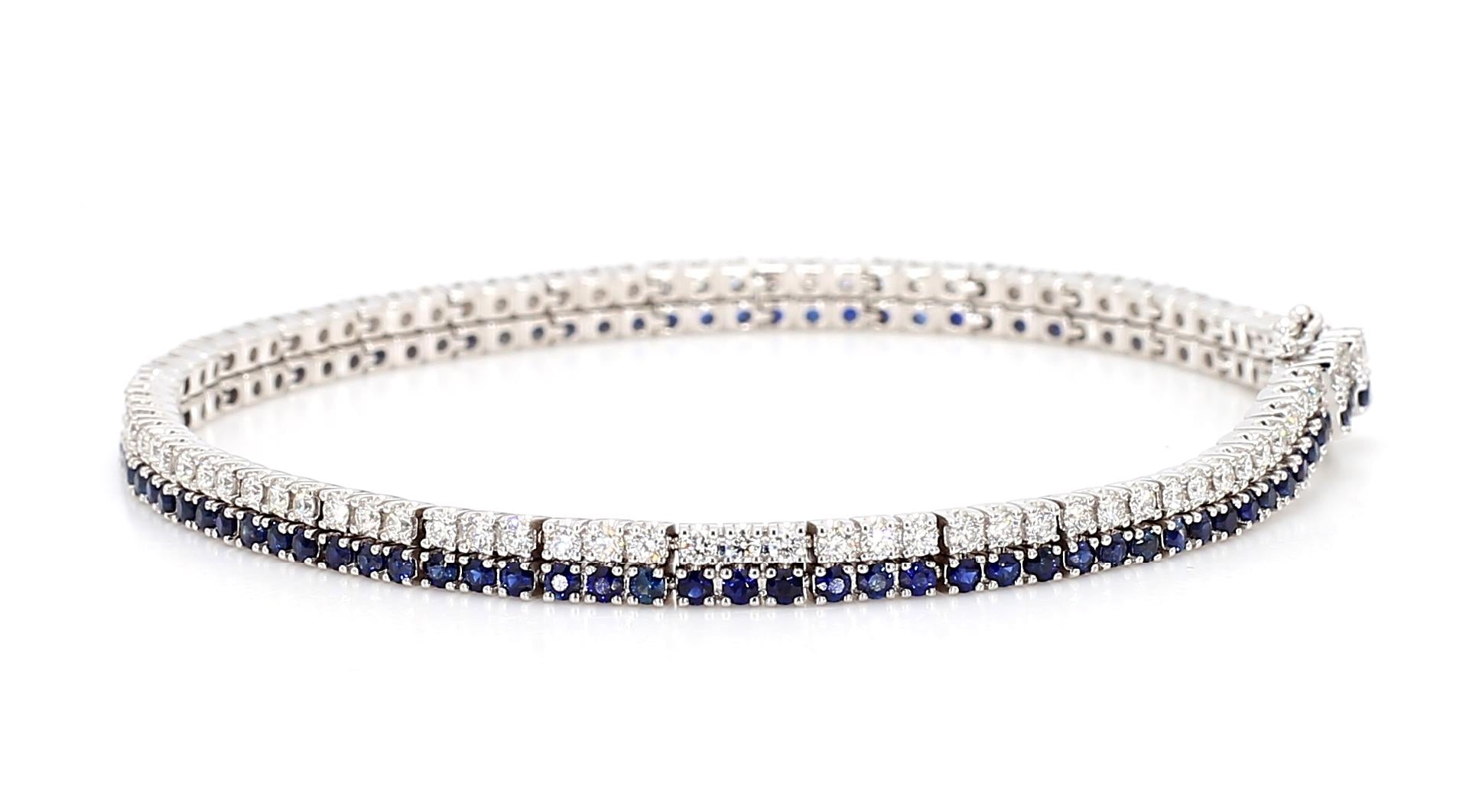 Natural Blue Round Sapphire and White Diamond 3.49 Carat TW Gold Tennis Bracelet