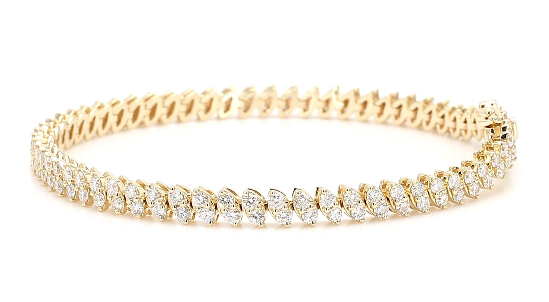 Natural White Round Diamond 3.40 Carat TW Yellow Gold Tennis Bracelet