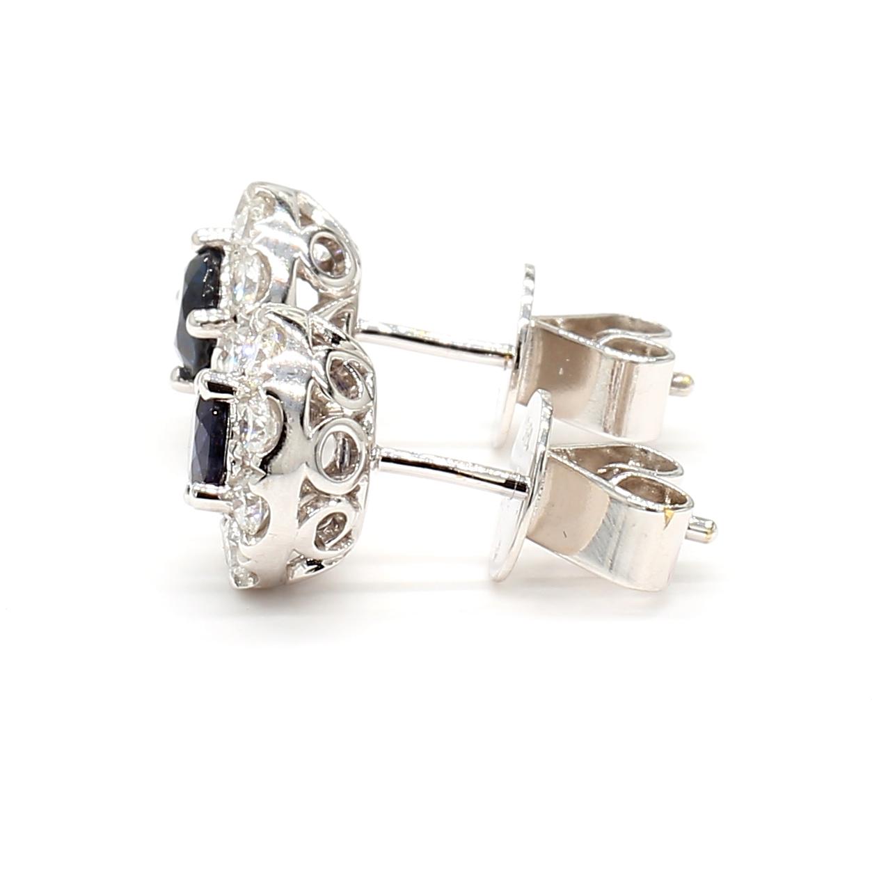 Natural Blue Round Sapphire and Diamond 1.36 Carat TW Gold Stud Earrings