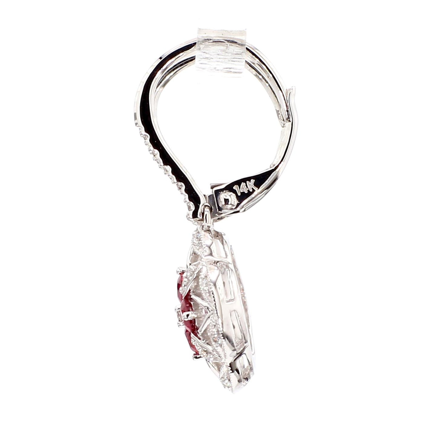 Natural Red Round Ruby and White Diamond 0.79 Carat TW White Gold Drop Earrings