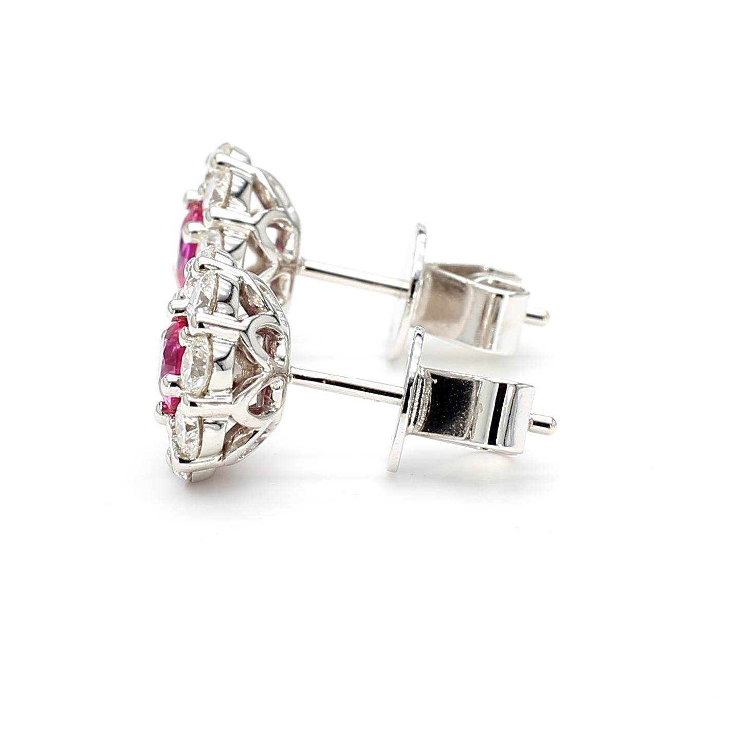 Natural Red Round Ruby and White Diamond 1.68 Carat TW White Gold Stud Earrings