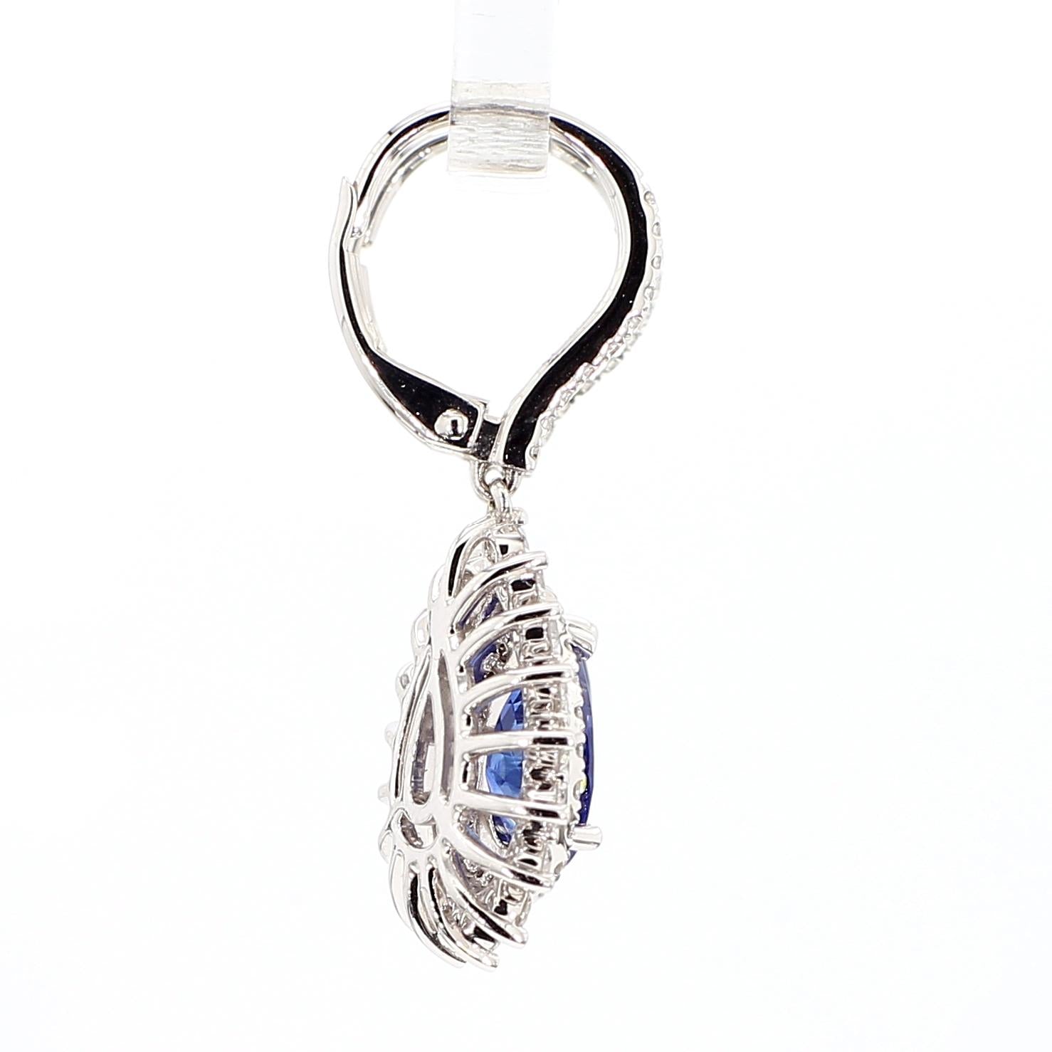 Natural Blue Pear Sapphire and White Diamond 4.40 Carat TW Gold Drop Earrings