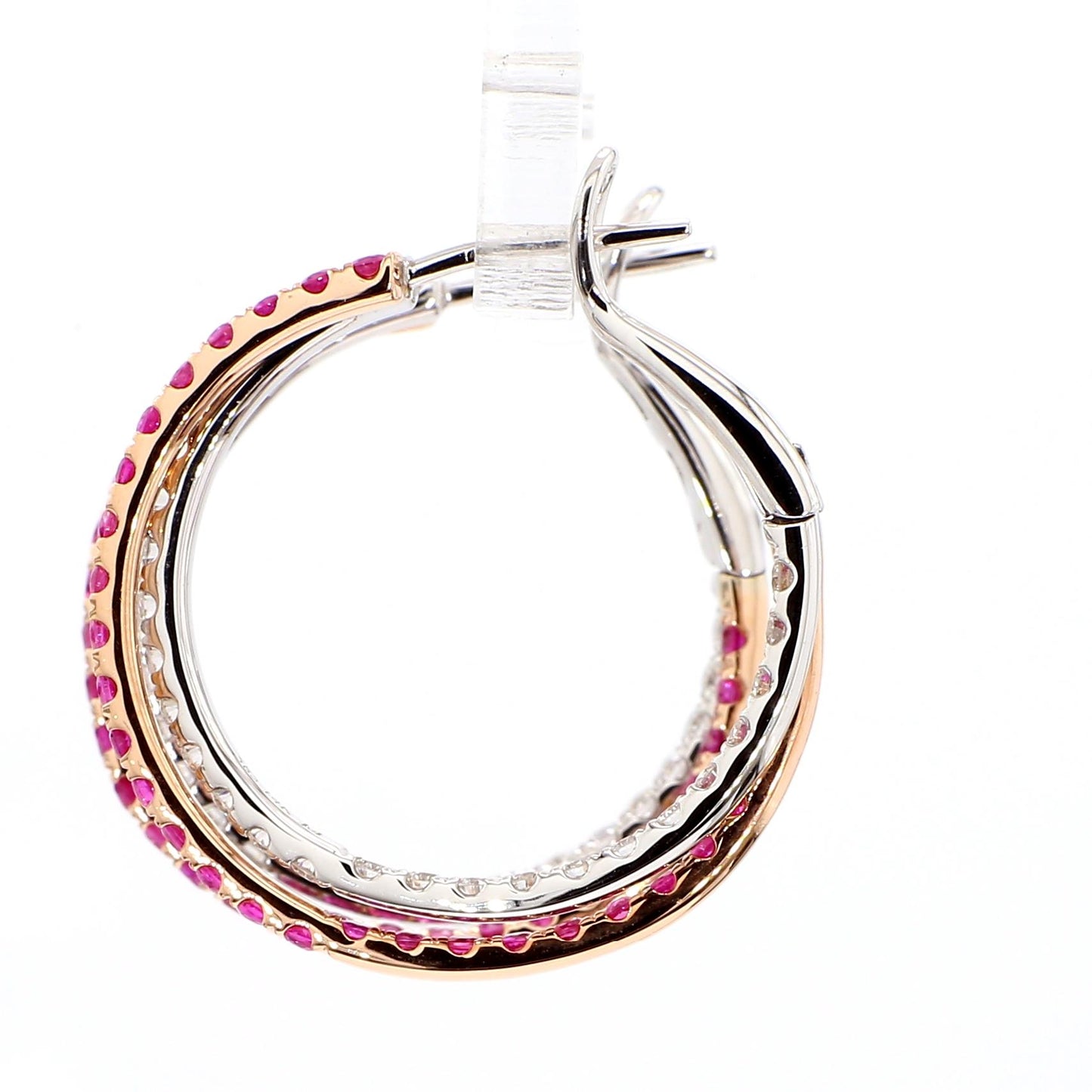 Natural Red Round Ruby and White Diamond 3.16 Carat TW Rose Gold Drop Earrings
