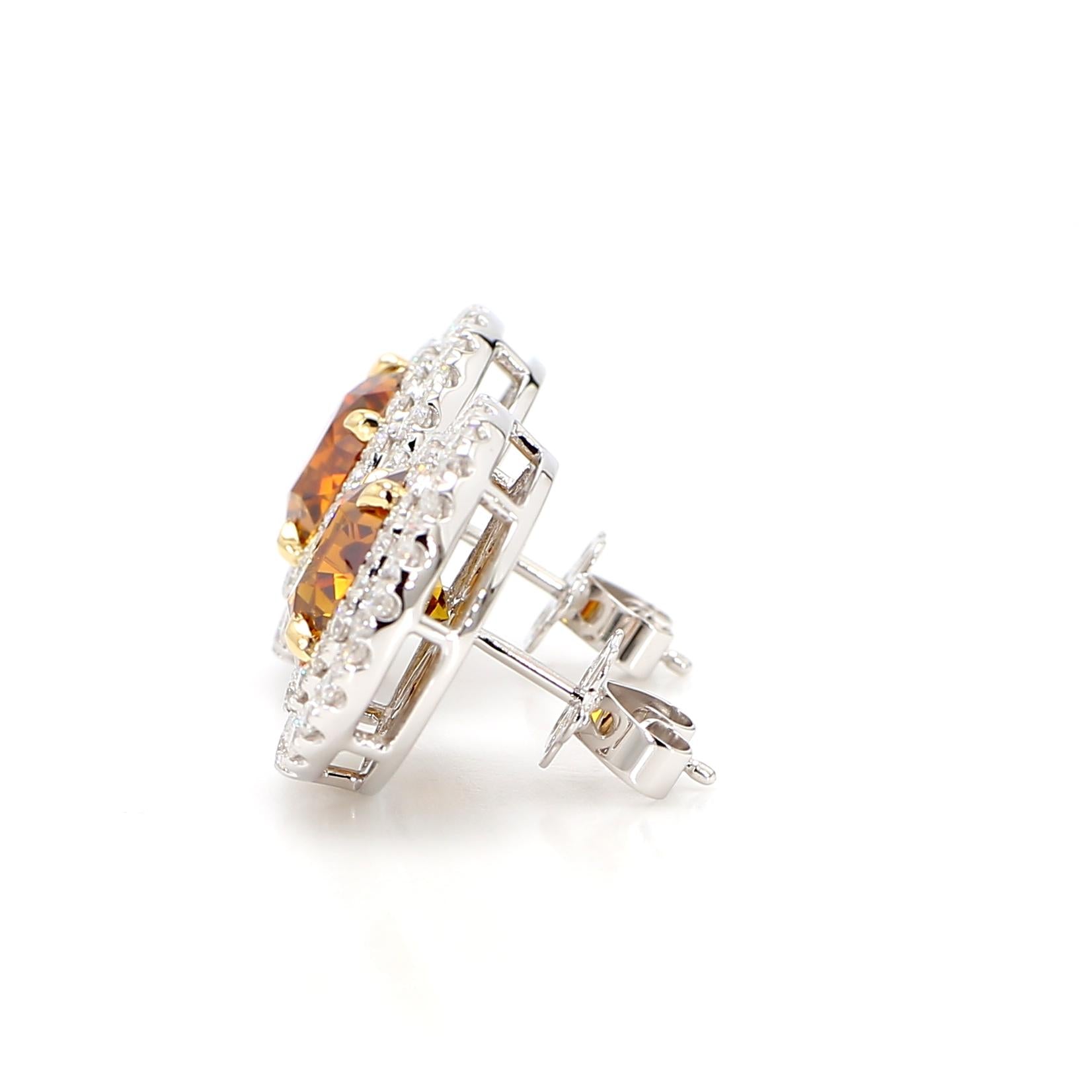 GIA Certified Fancy Deep Orange Round Diamond 6.35 Carat TW Gold Earrings