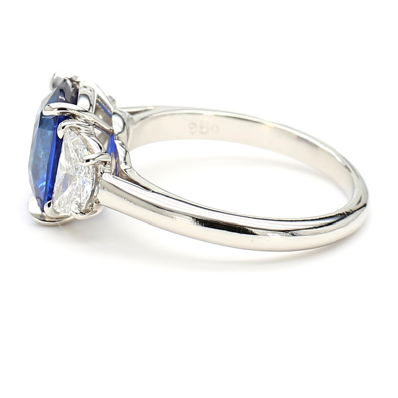 GIA Certified Blue Cushion Sapphire and White Diamond 3.70 Carat TW Plat Ring
