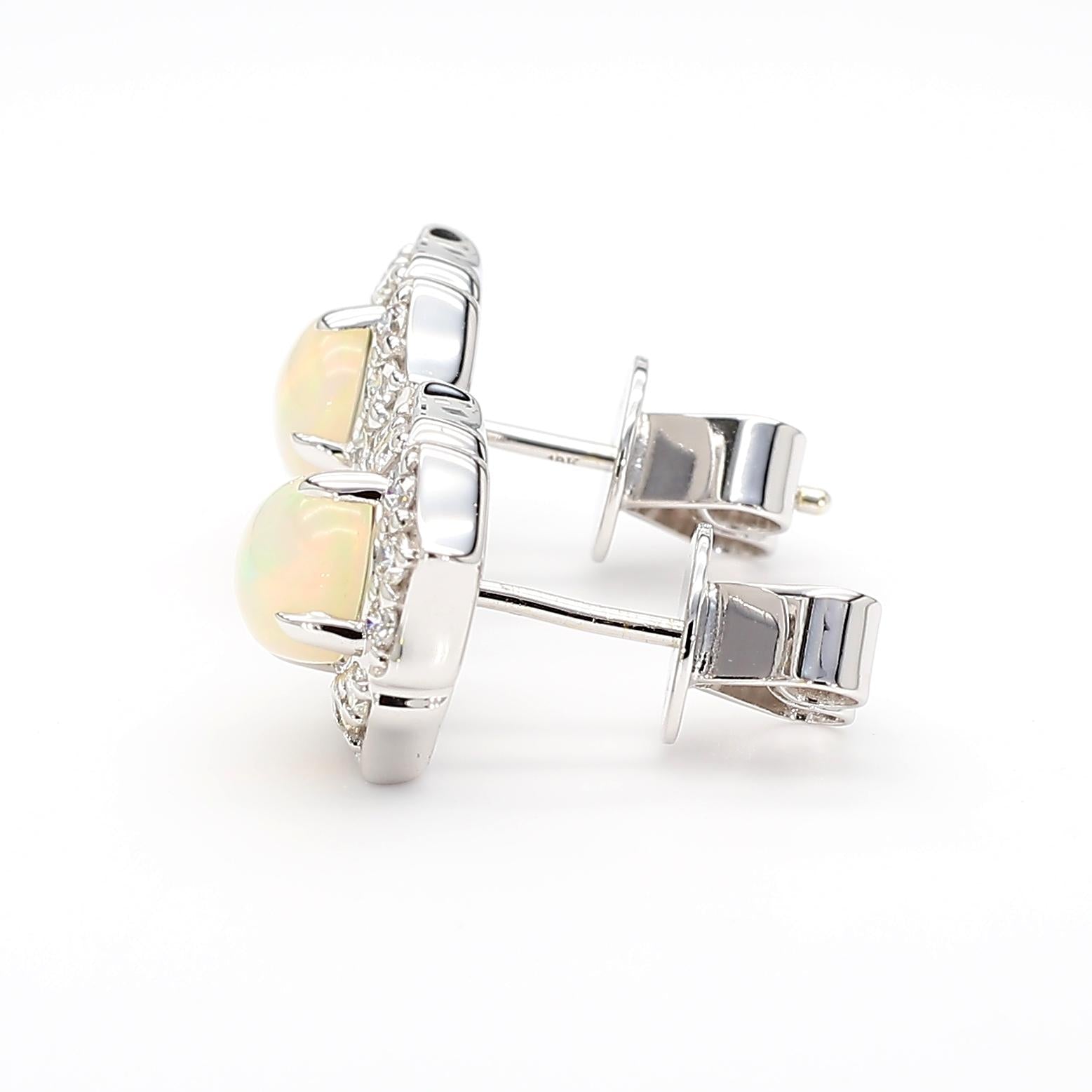 Natural Oval Opal and White Diamond 1.57 Carat TW White Gold Stud Earrings