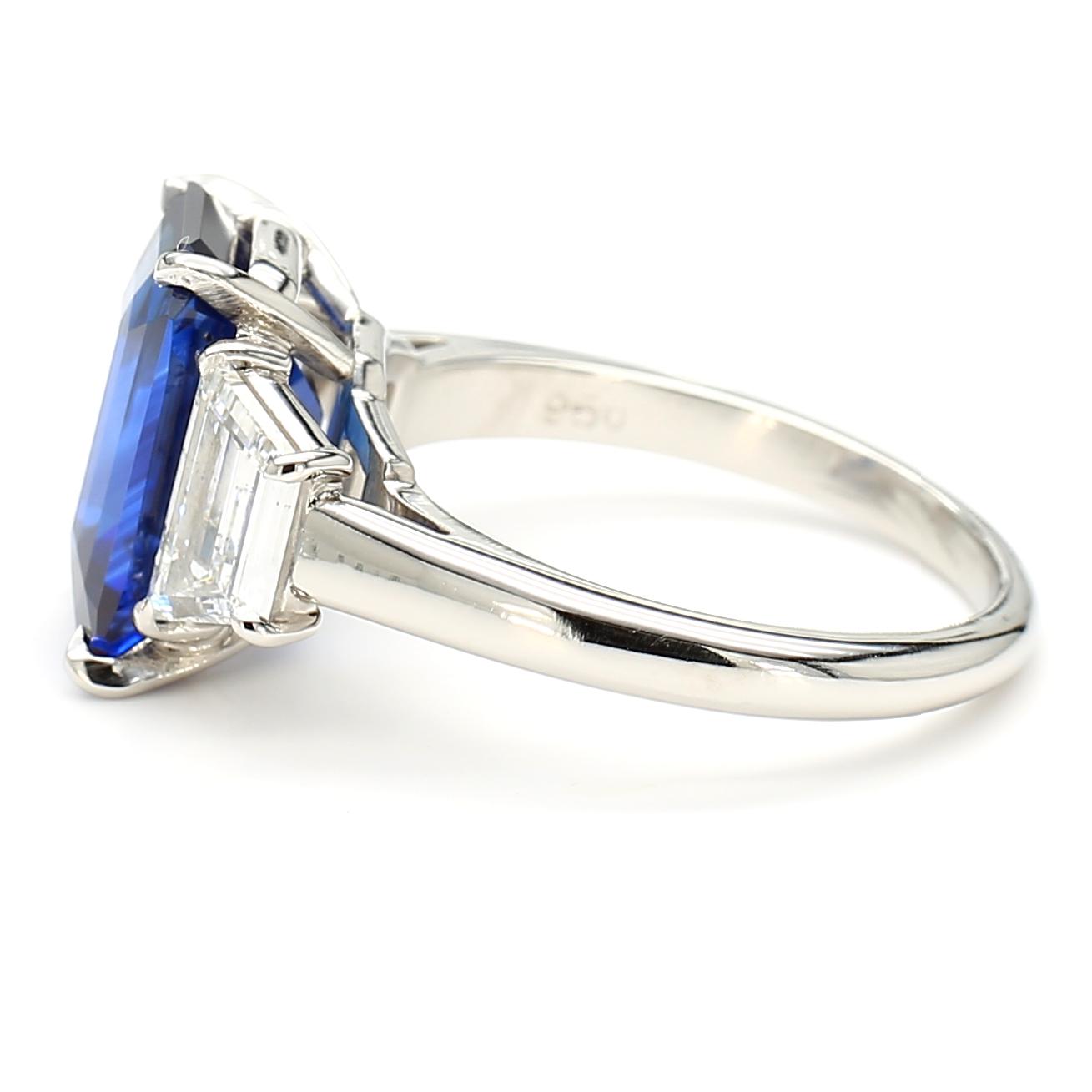 GIA Certified Natural Blue Octagon Sapphire and Diamond 6.06 Carat TW Ring