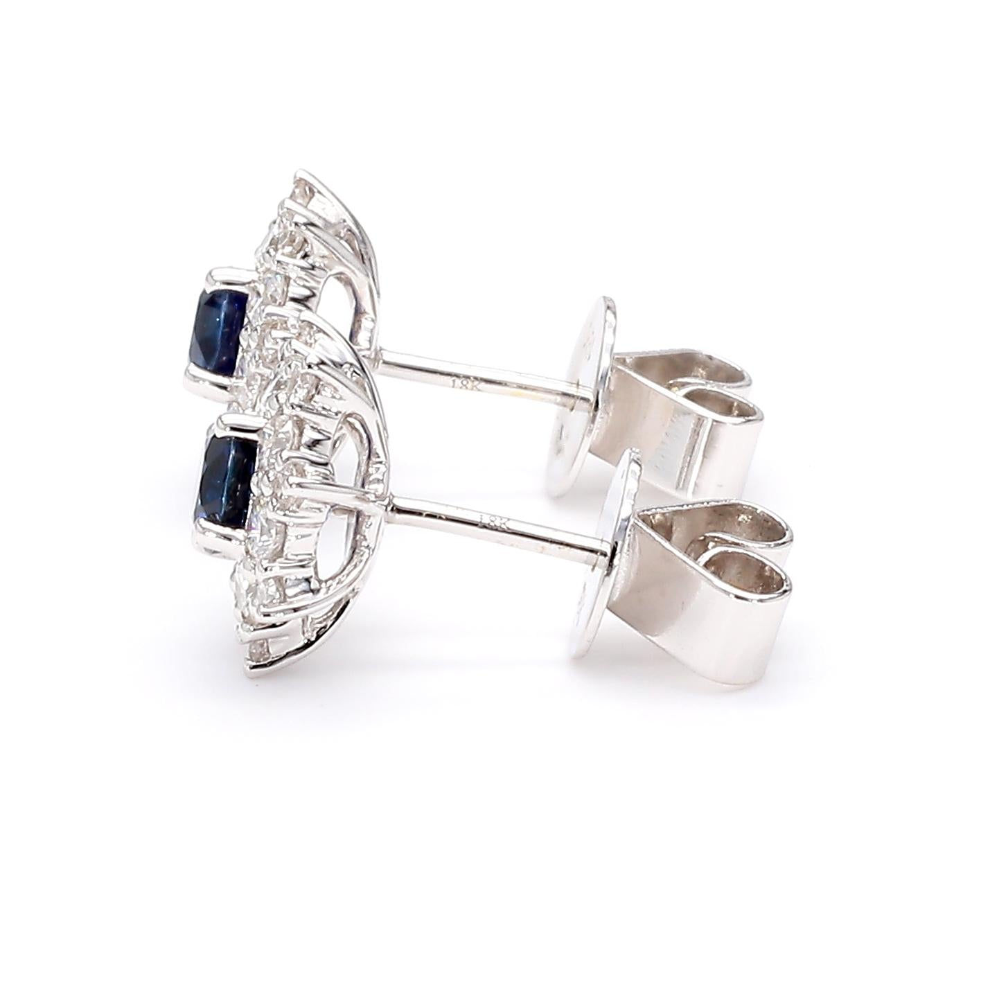 Natural Blue Round Sapphire and Diamond 1.26 Carat TW Gold Stud Earrings