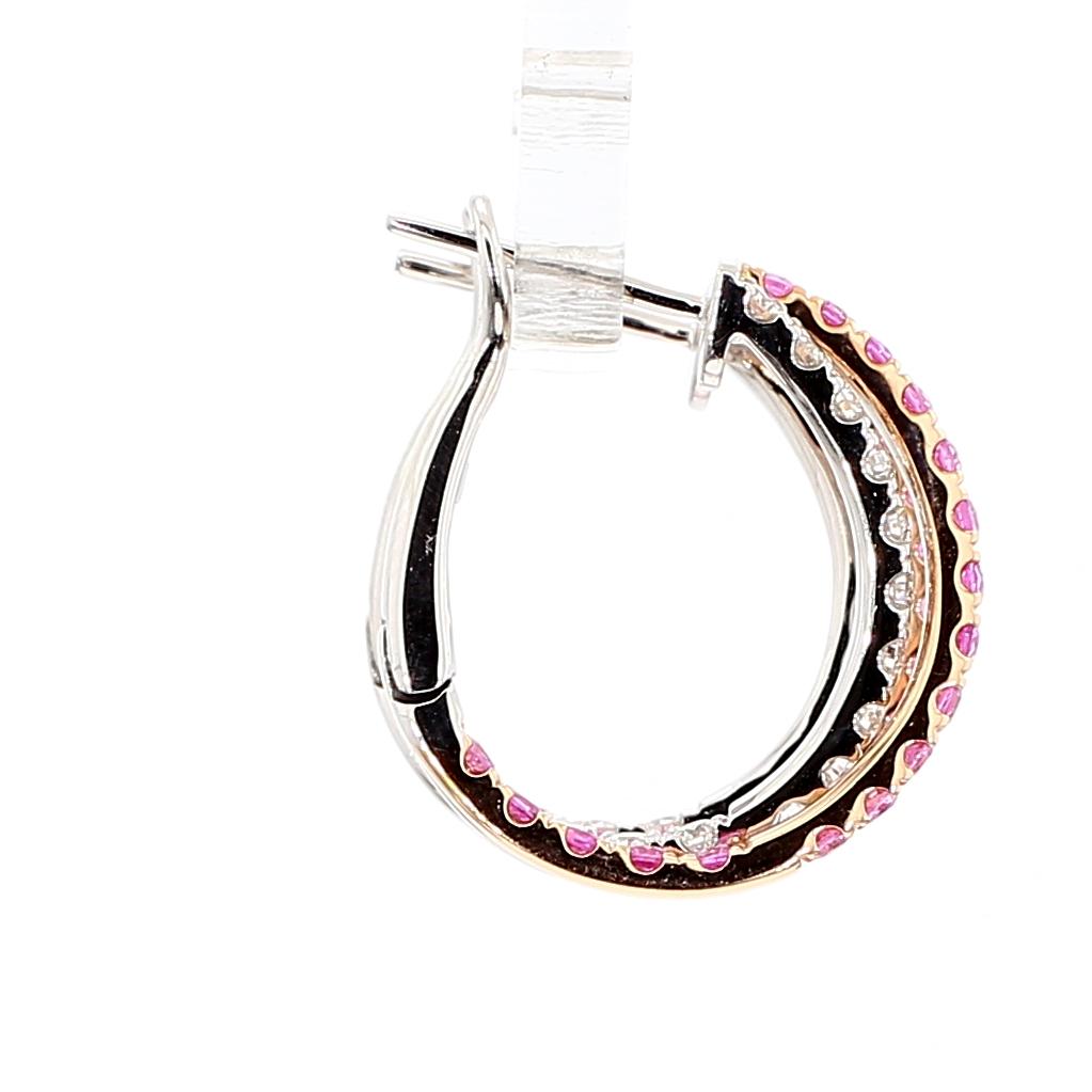 Natural Pink Round Sapphire and Diamond 1.93 Carat TW Gold Hoop Earrings
