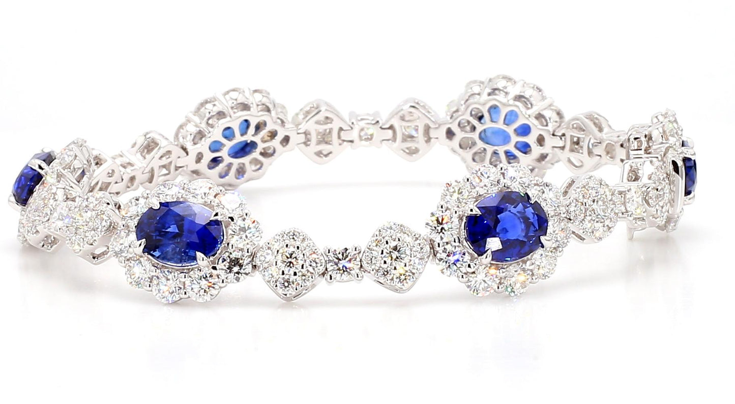 GIA Natural Blue Oval Sapphire and Diamond 21.69 Carat TW Gold Bracelet