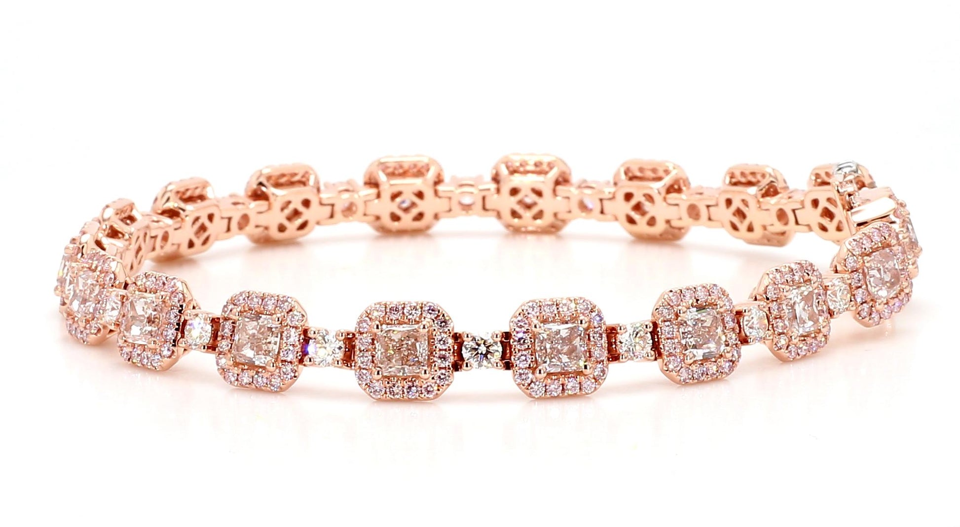 GIA Natural Fancy Light Brown-Pink Cushion Diamond 8.89 Carat TW Gold Bracelet