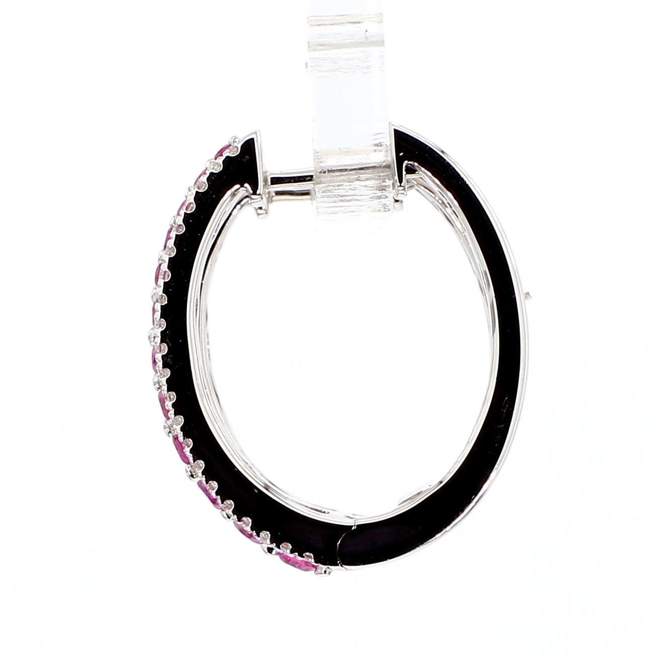 Natural Red Round Ruby and White Diamond 1.26 Carat TW White Gold Hoop Earrings