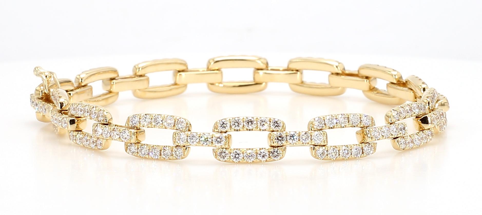 Natural White Round Diamond 3.24 Carat TW Yellow Gold Link Bracelet