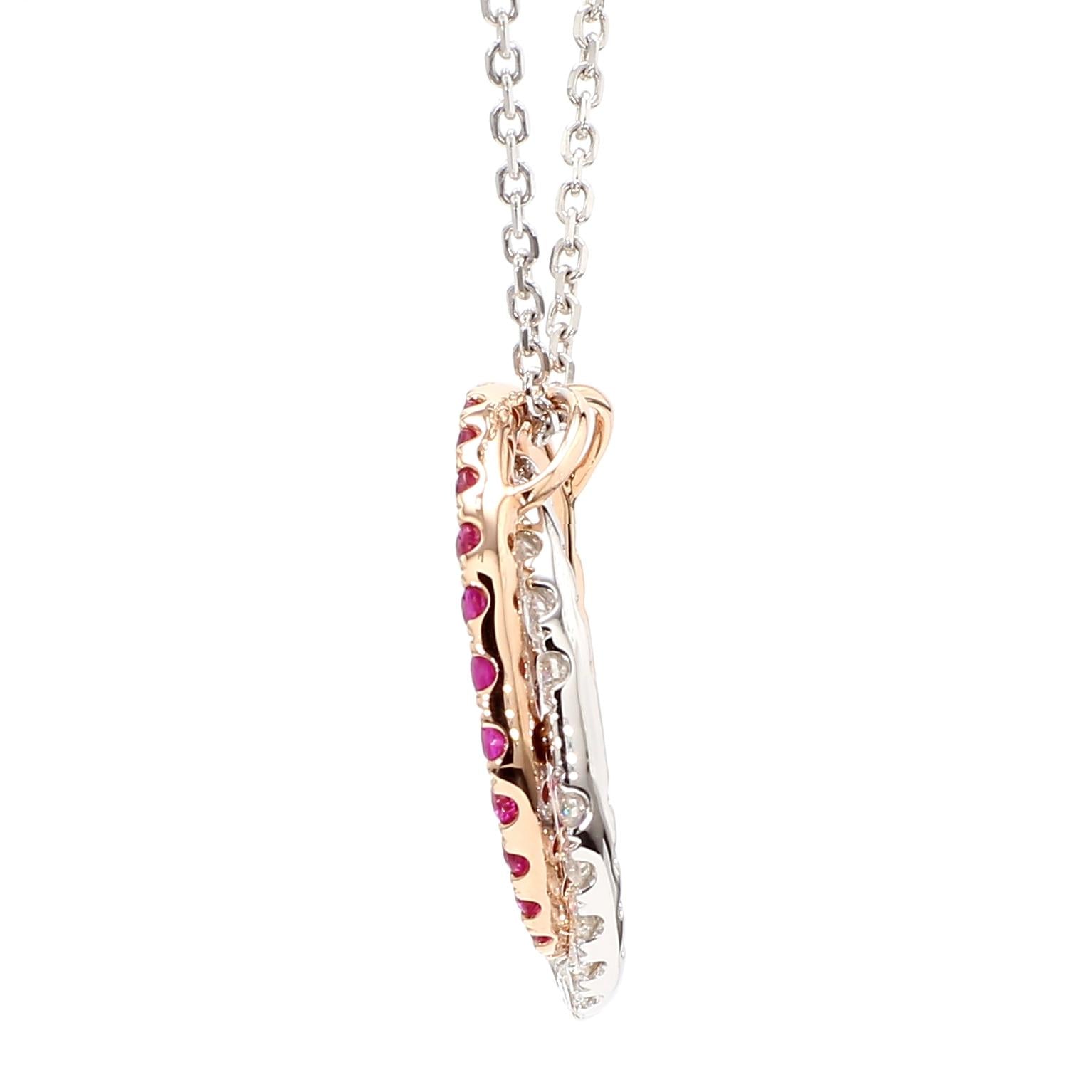Natural Round Red Ruby and White Diamond 1.45 Carat TW Rose Gold Drop Pendant
