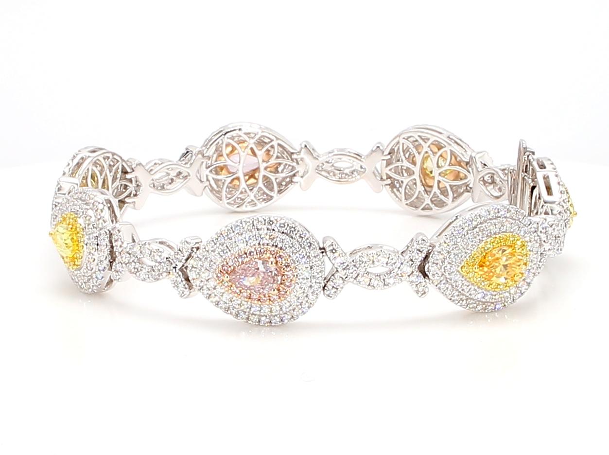 GIA Certified Vivid Yellow and Fancy Pink Diamond 6.75 Carat TW Gold Bracelet