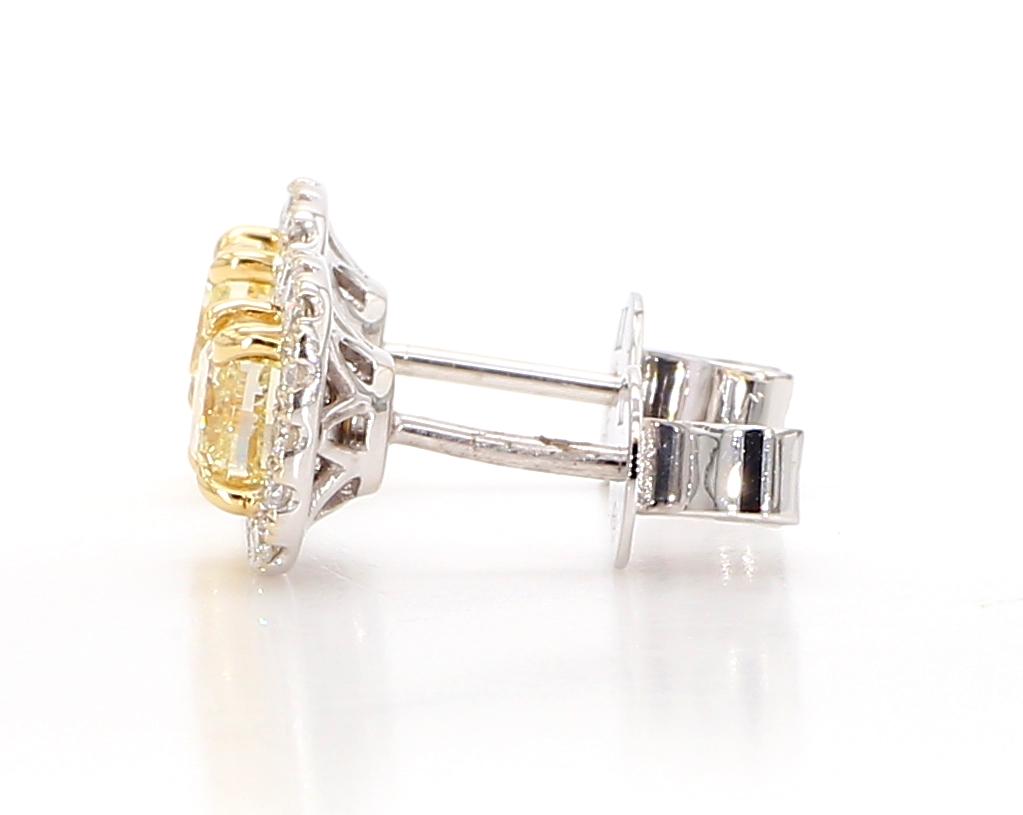 Natural Yellow Cushion and White Diamond 1.66 Carat TW Gold Stud Earrings