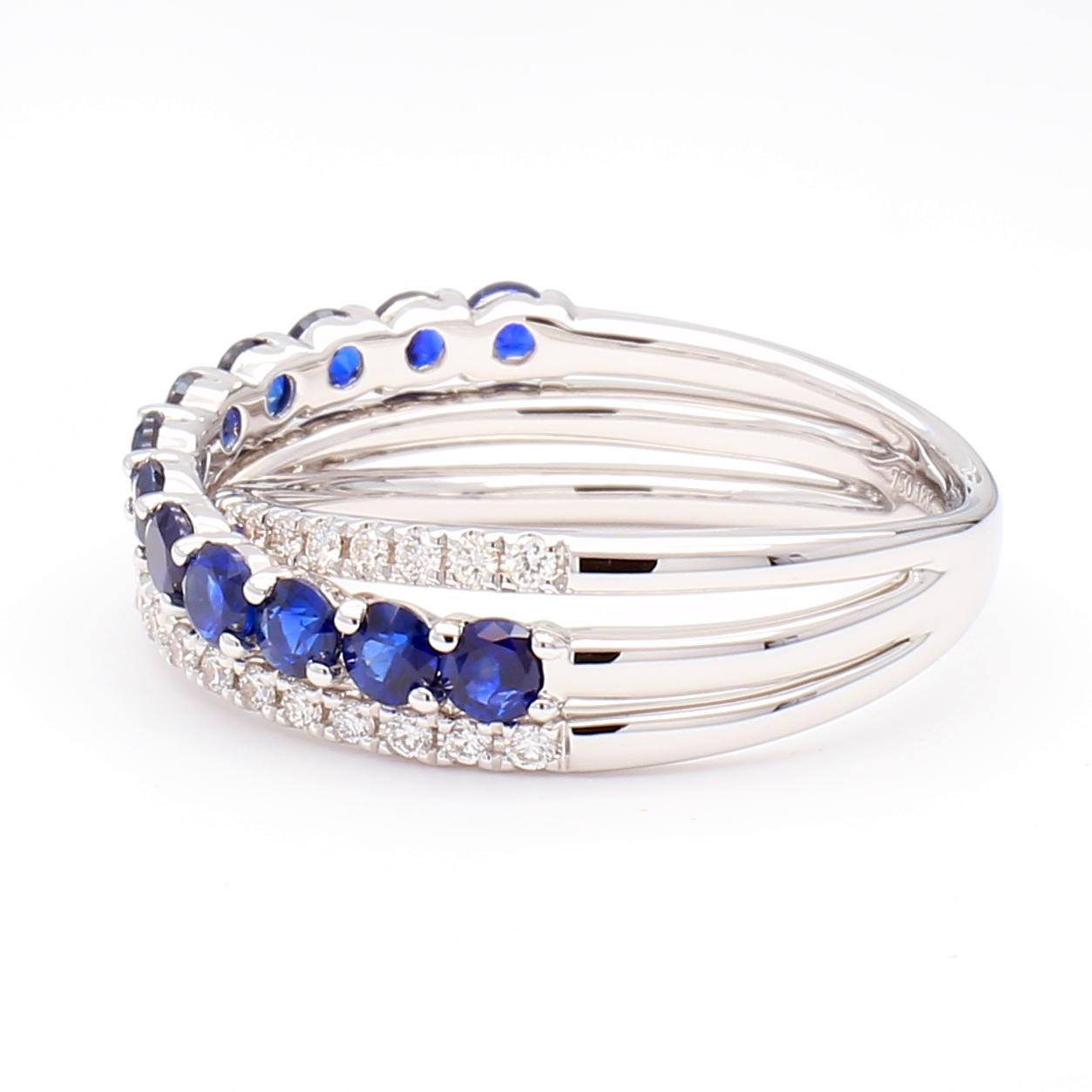 Natural Blue Round Sapphire and White Diamond 0.93 Carat TW Gold Cocktail Band