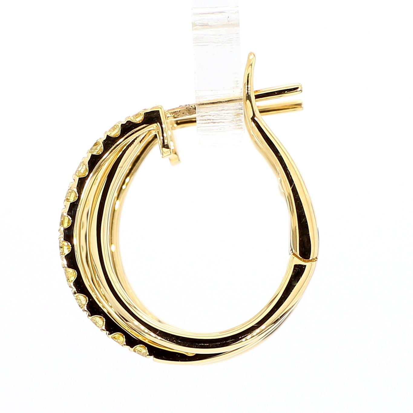 Natural Yellow Round Diamond .96 Carat TW Yellow Gold Hoop Earrings