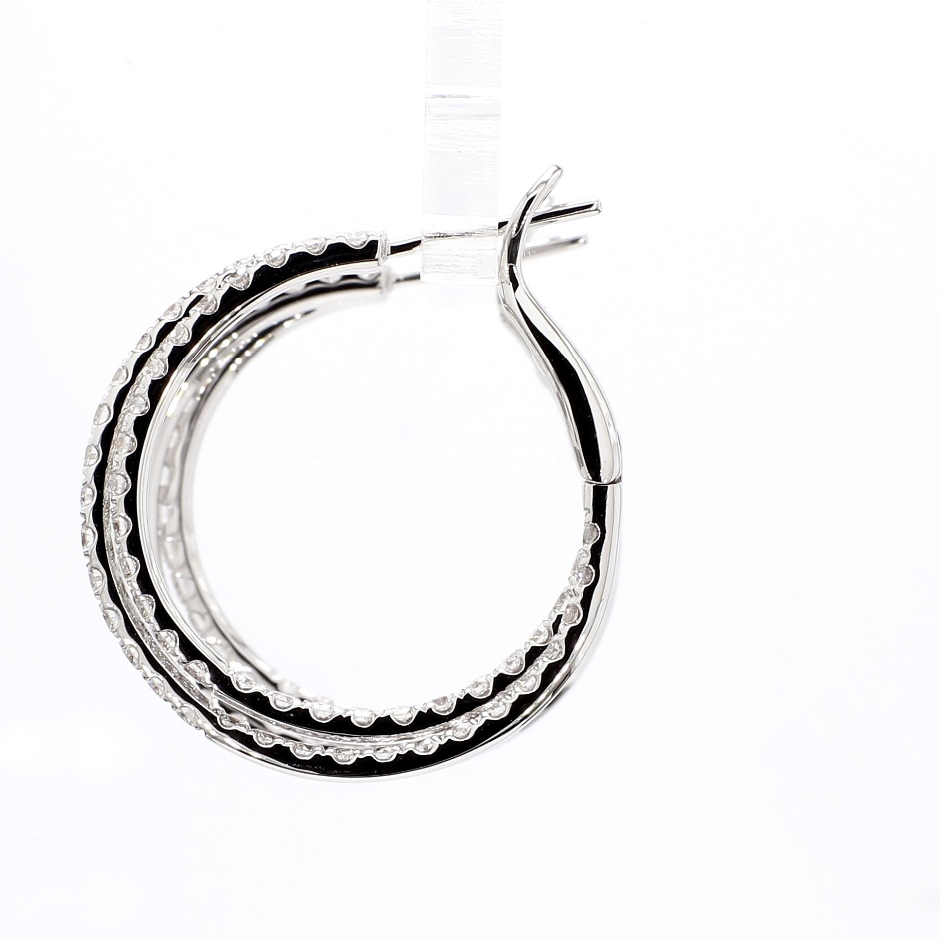 Natural White Round Diamond 2.61 Carat TW White Gold Hoop Earrings