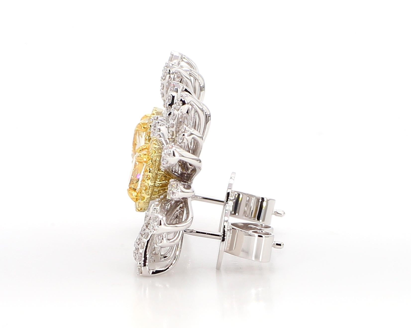 GIA Certified Natural Yellow Cushion Diamond 3.44 Carat TW Gold Stud Earrings