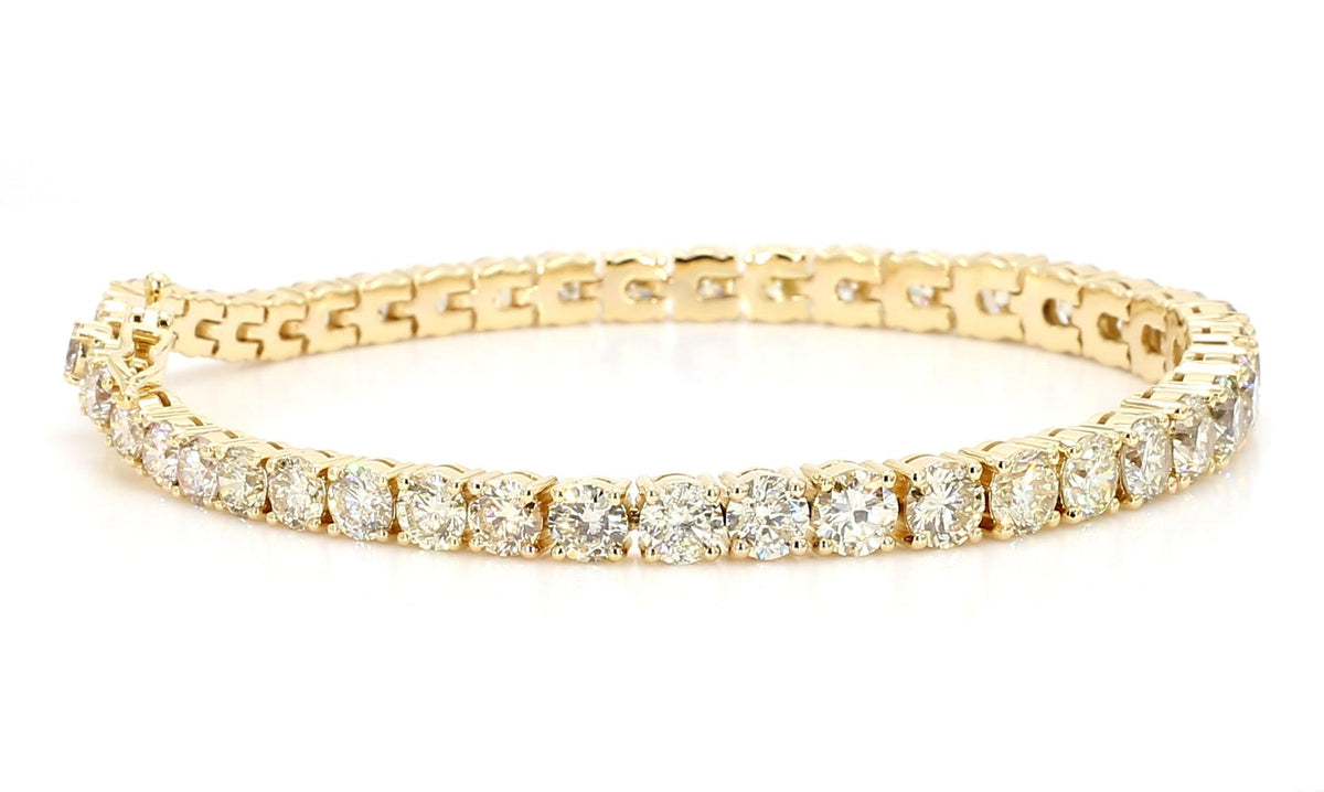 Natural White Round Diamond 10.95 Carat TW Yellow Gold Tennis Bracelet