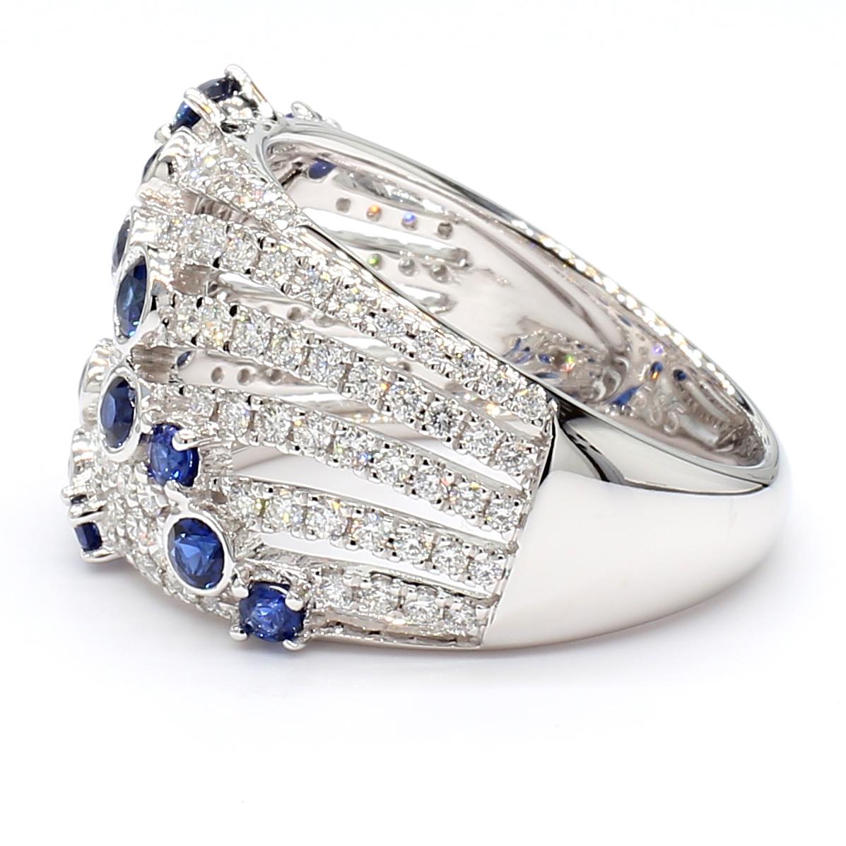 Natural Blue Round Sapphire and White Diamond 1.49 Carat TW Gold Cocktail Band