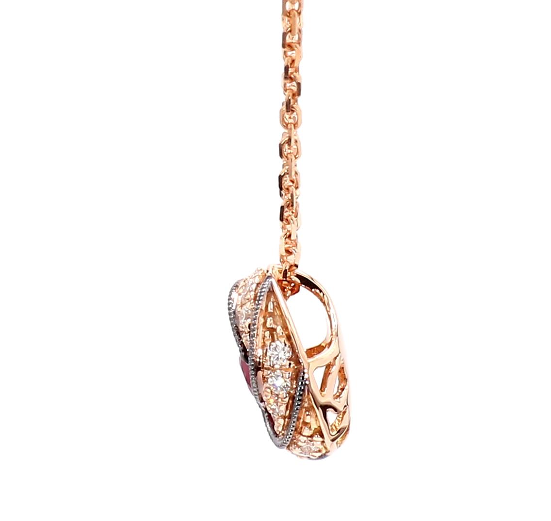 Natural Round Red Ruby and White Diamond .35 Carat TW Rose Gold Pendant