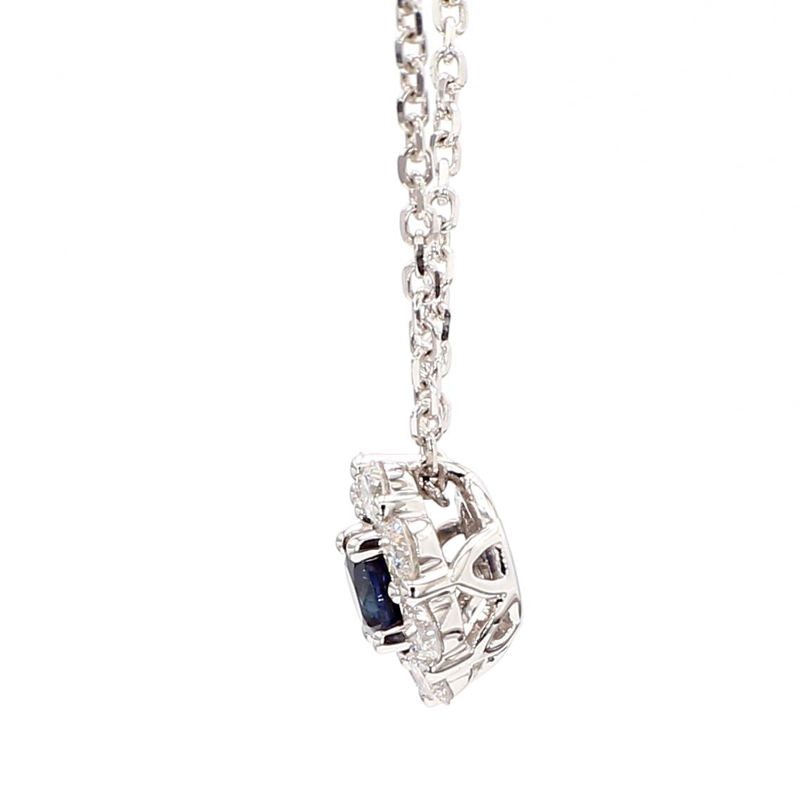 Natural Blue Round Sapphire and White Diamond 0.88 Carat TW Gold Drop Pendant