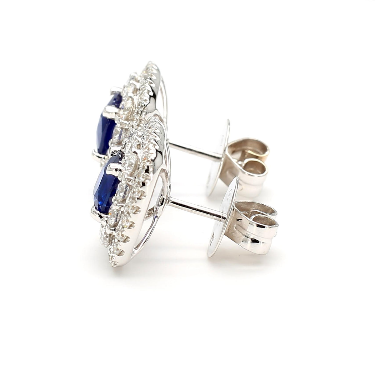 Natural Blue Cushion Sapphire and White Diamond 3.62 Carat TW Gold Stud Earrings
