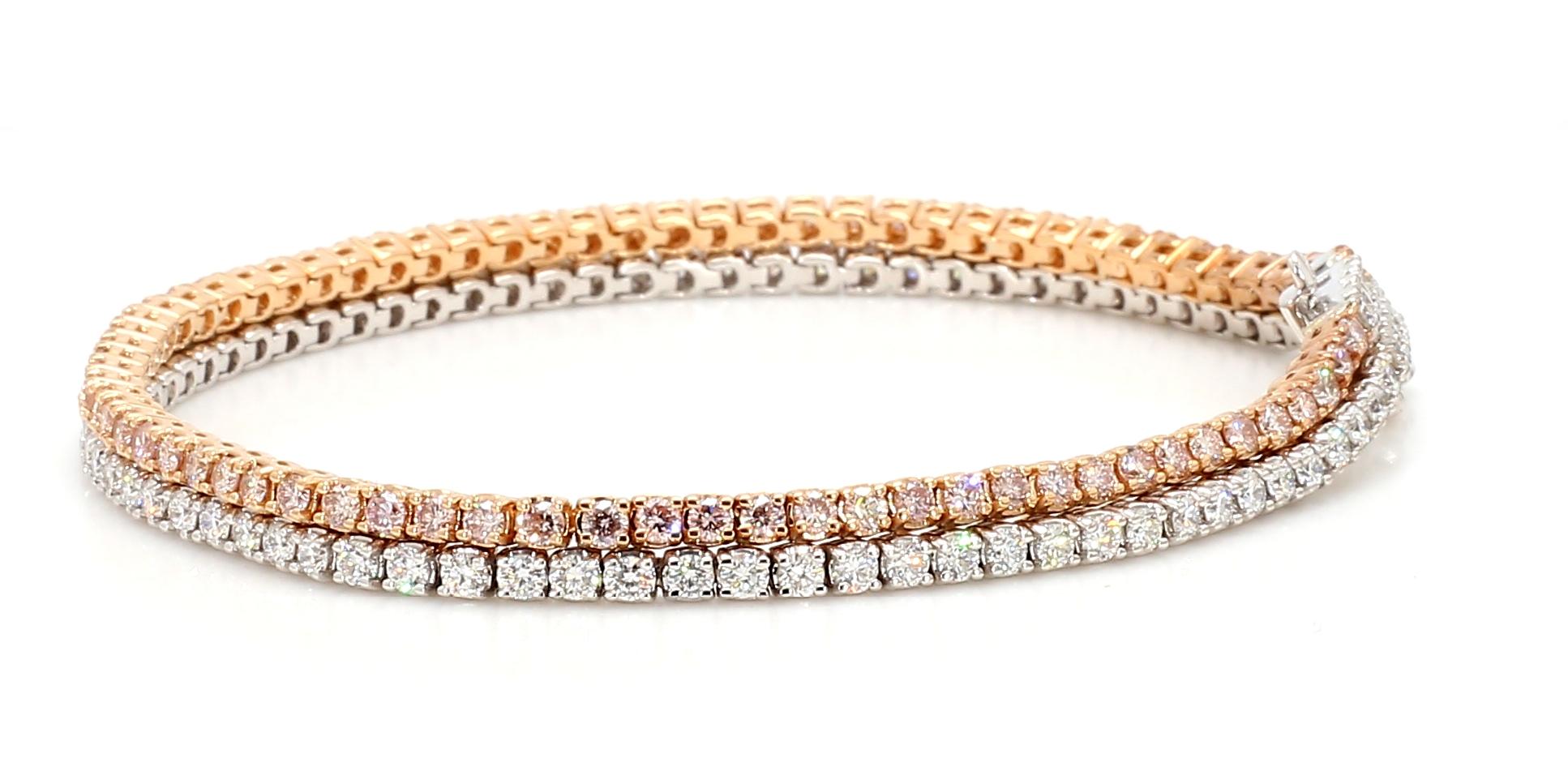 Natural Pink Round Diamond 4.23 Carat TW Gold Bracelet