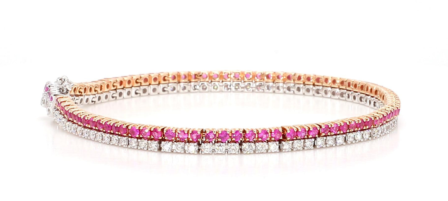 Natural Pink Round Sapphire and White Diamond 3.50 Carat TW Gold Tennis Bracelet