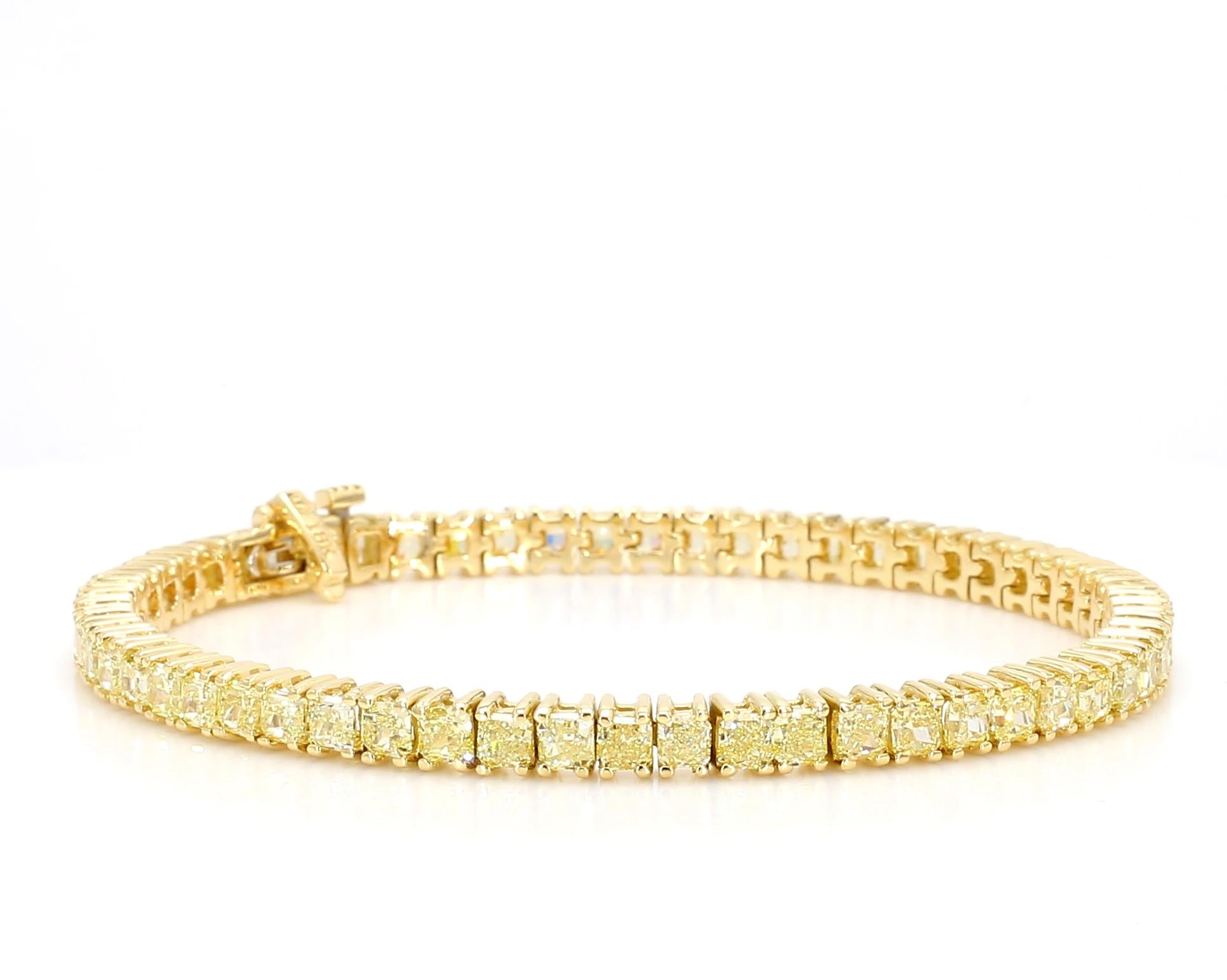 Natural Yellow Radiant Cut Diamond 8.15 Carat TW Gold Tennis Bracelet