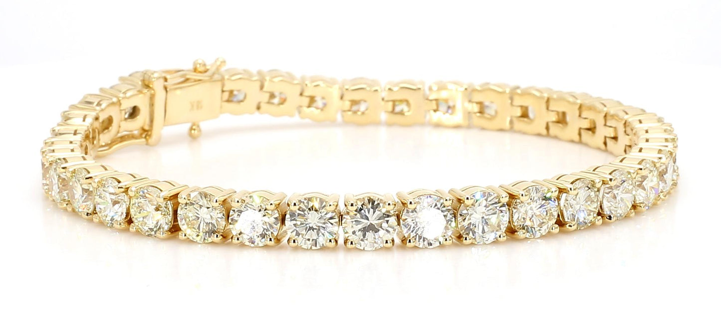 Natural White Round Diamond 14.12 Carat TW Yellow Gold Tennis Bracelet