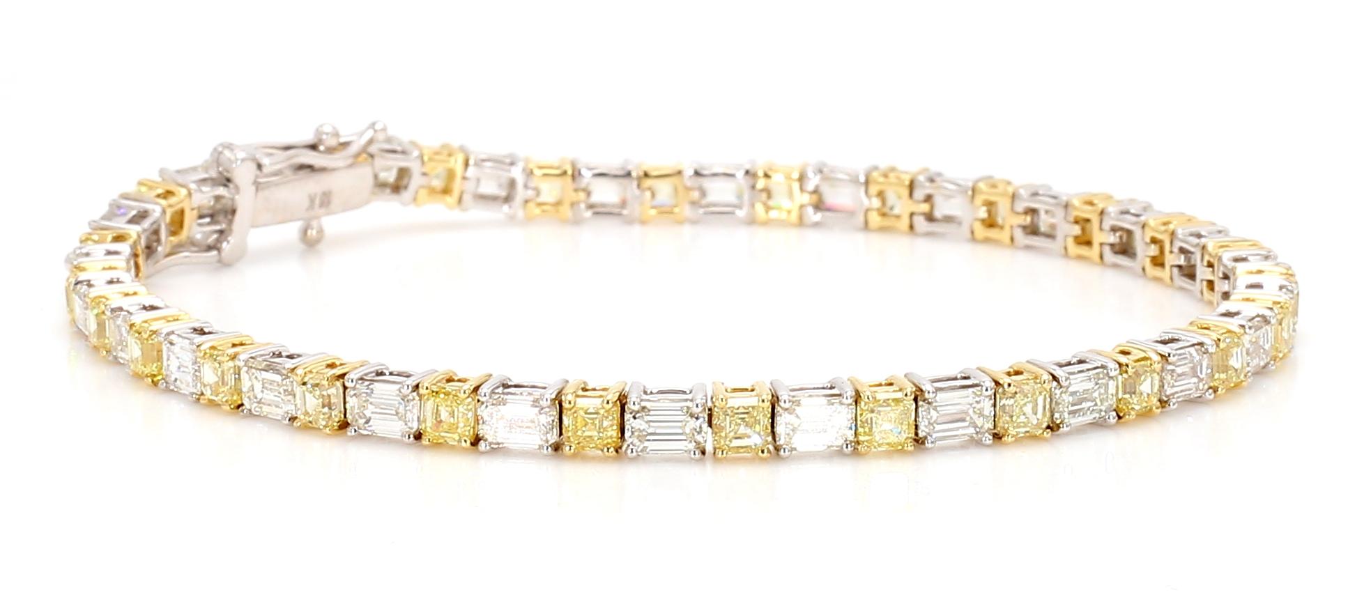 Natural Yellow Asscher Diamond 8.04 Carat TW Gold Tennis Bracelet