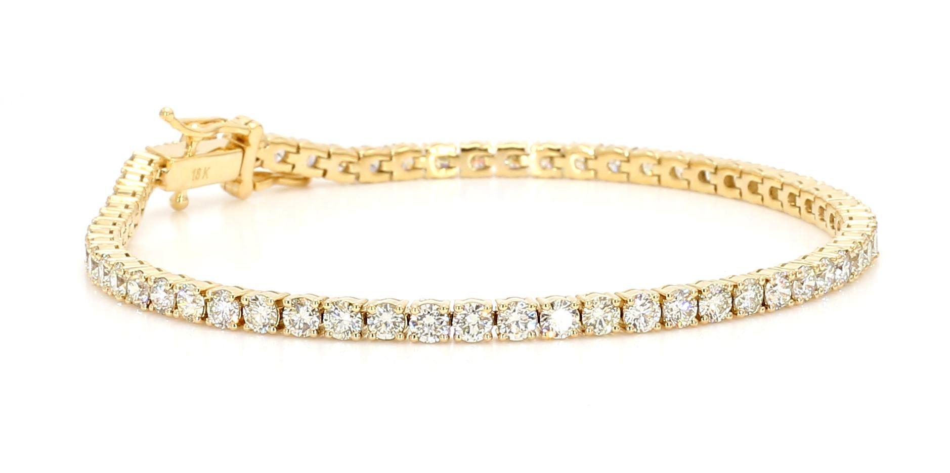 Natural White Round Diamond 4.98 Carat TW Yellow Gold Tennis Bracelet