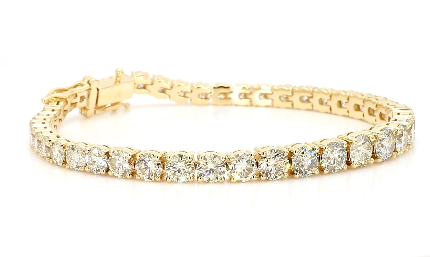 Natural White Round Diamond 10.95 Carat TW Yellow Gold Tennis Bracelet