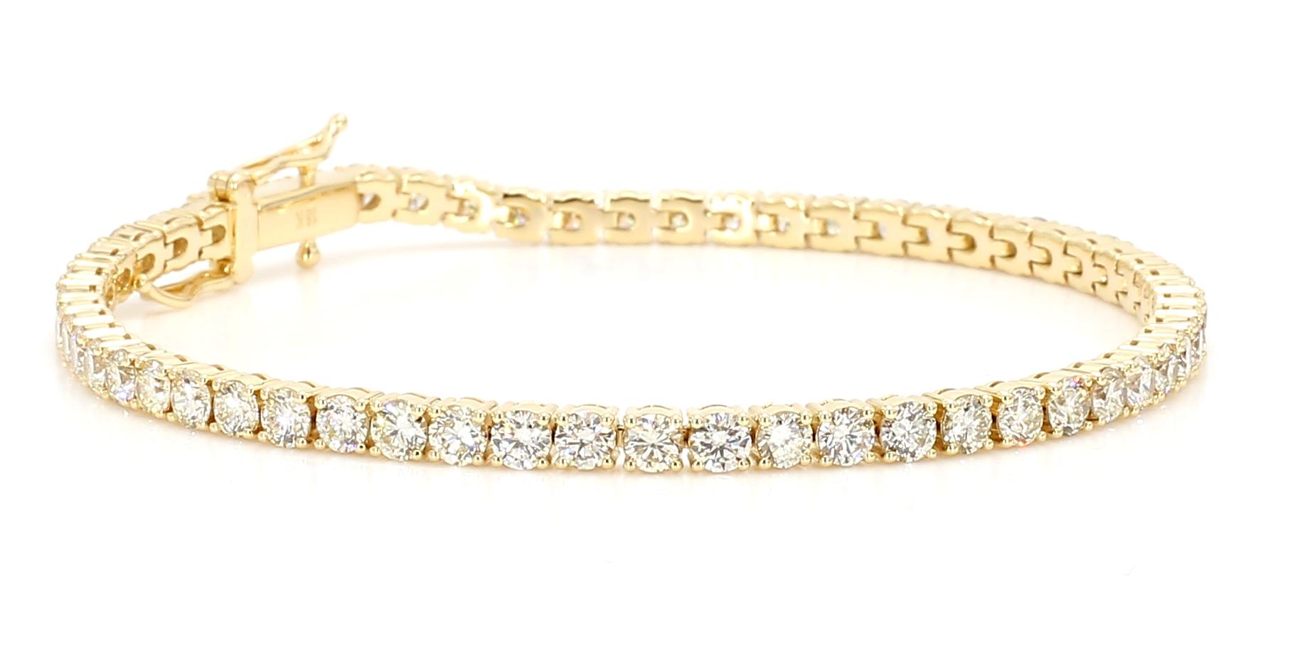 Natural White Round Diamond 5.82 Carat TW Yellow Gold Tennis Bracelet