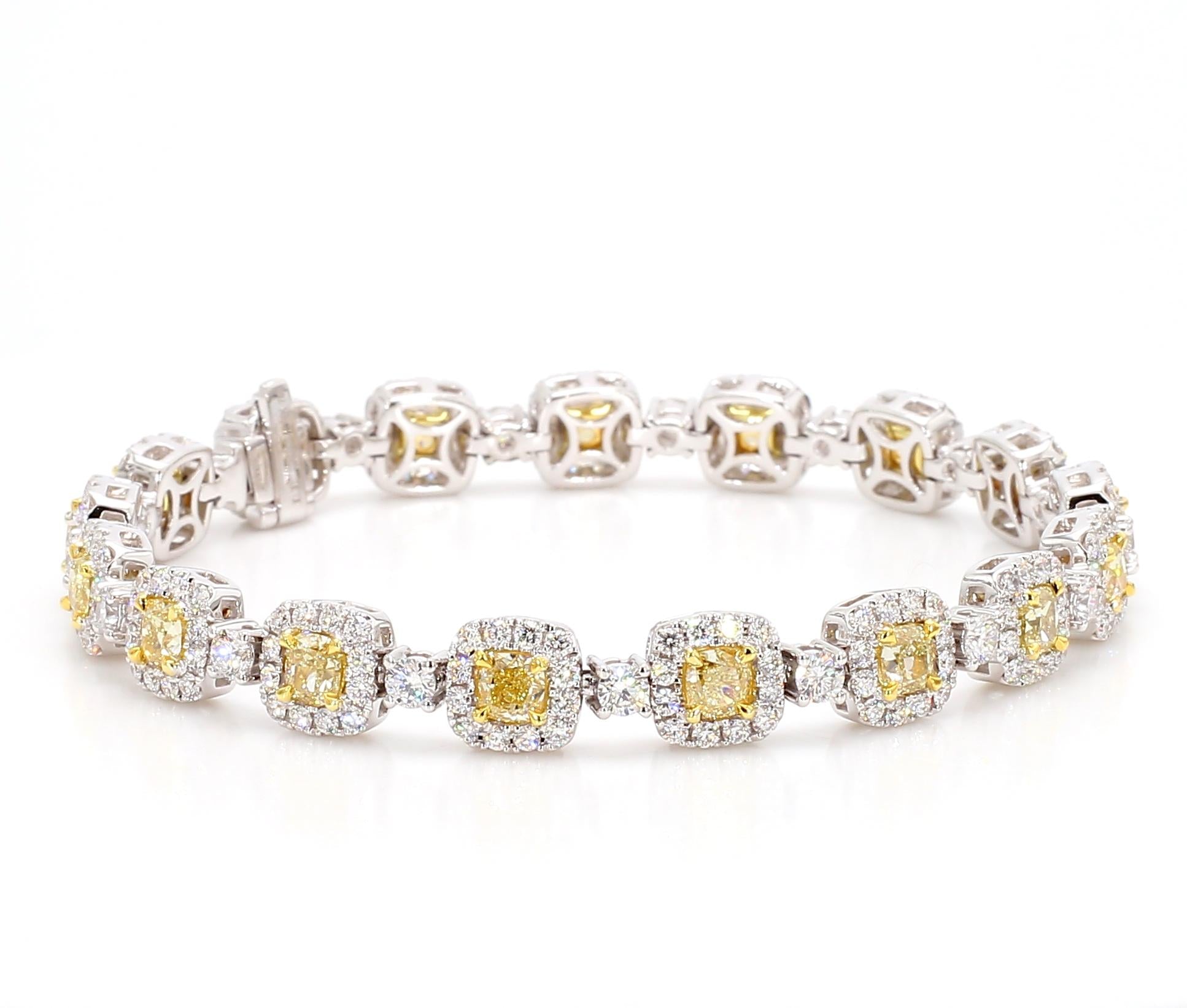 Natural Yellow Cushion Diamond 9.01 Carat TW Gold Tennis Bracelet