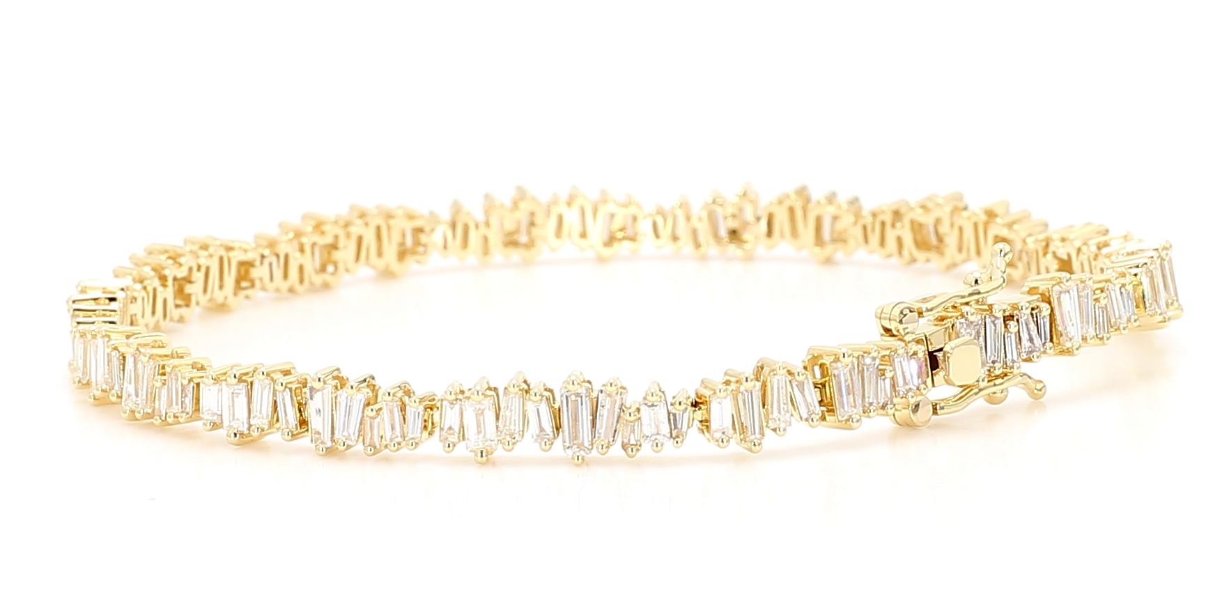 Natural White Baguette Diamond 3.03 Carat TW Yellow Gold Tennis Bracelet