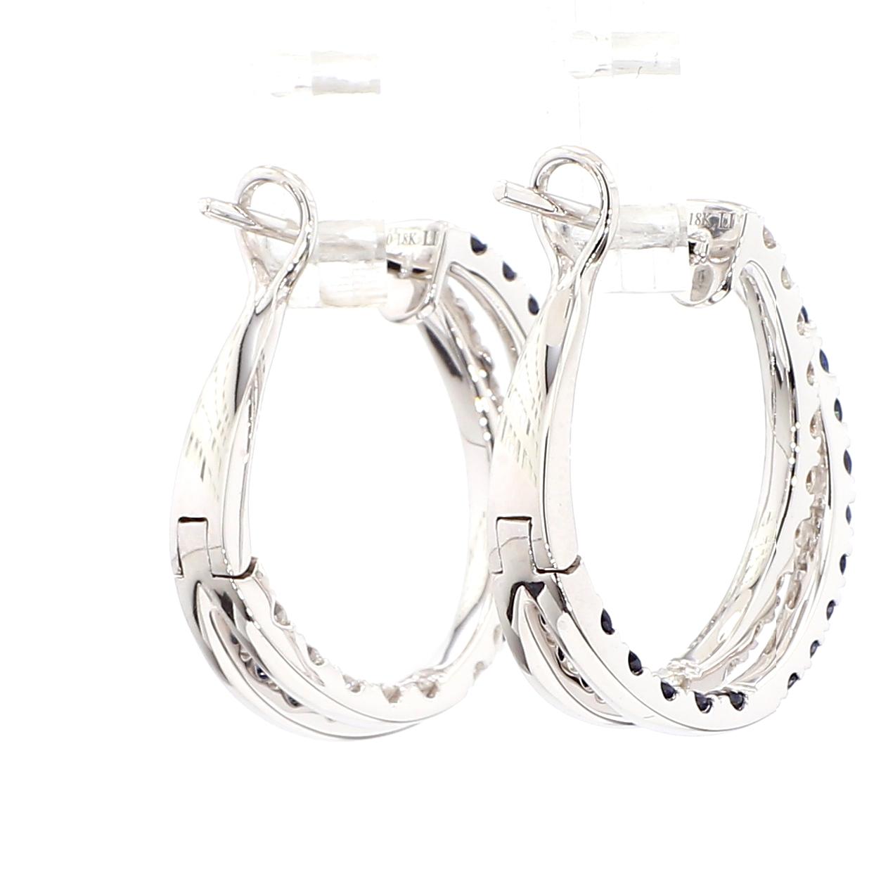 Natural Blue Round Sapphire and Diamond 1.39 Carat TW Gold Hoop Earrings